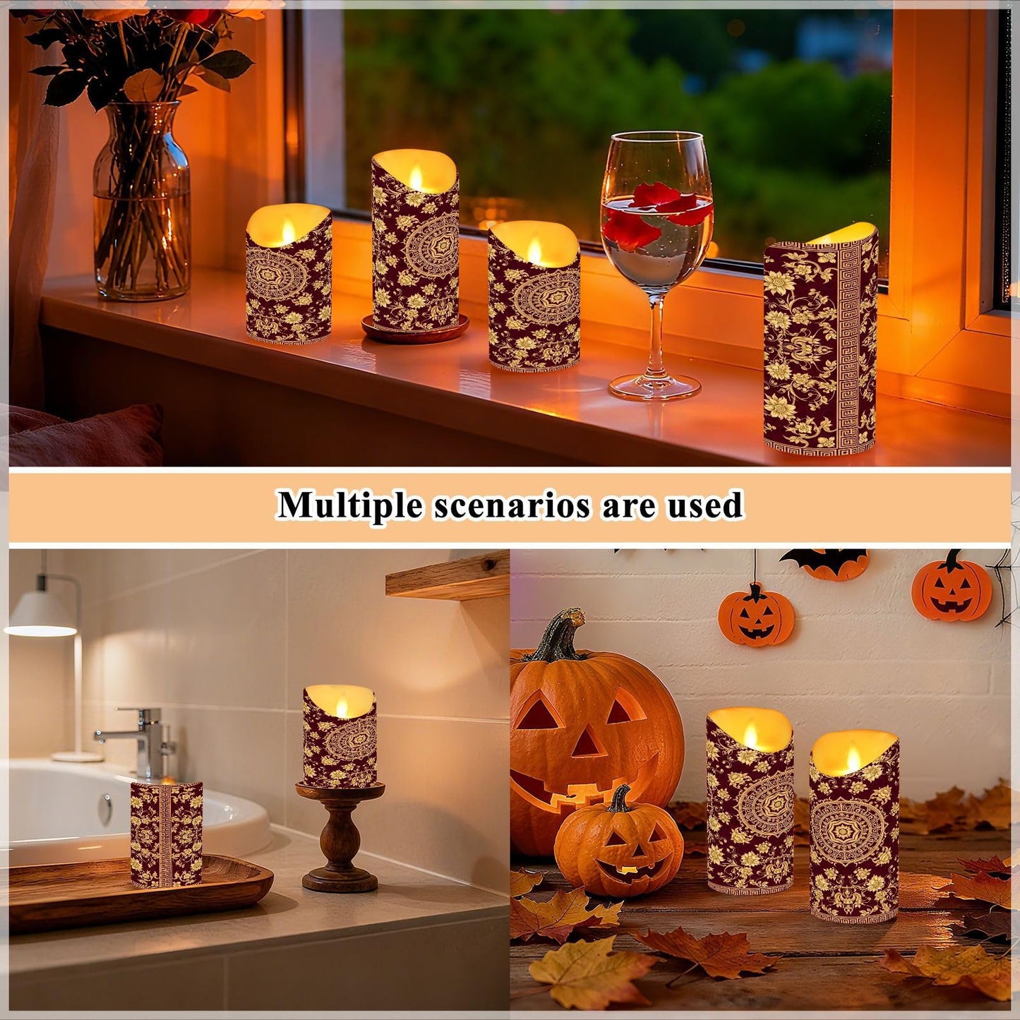 Gravopti Gold Floral Mandala 2 Pack Flameless LED Pillar Candles with Remote & Timer, Battery Operated, Flickering Wax Candle for Wedding, Romantic Home & Party Decor