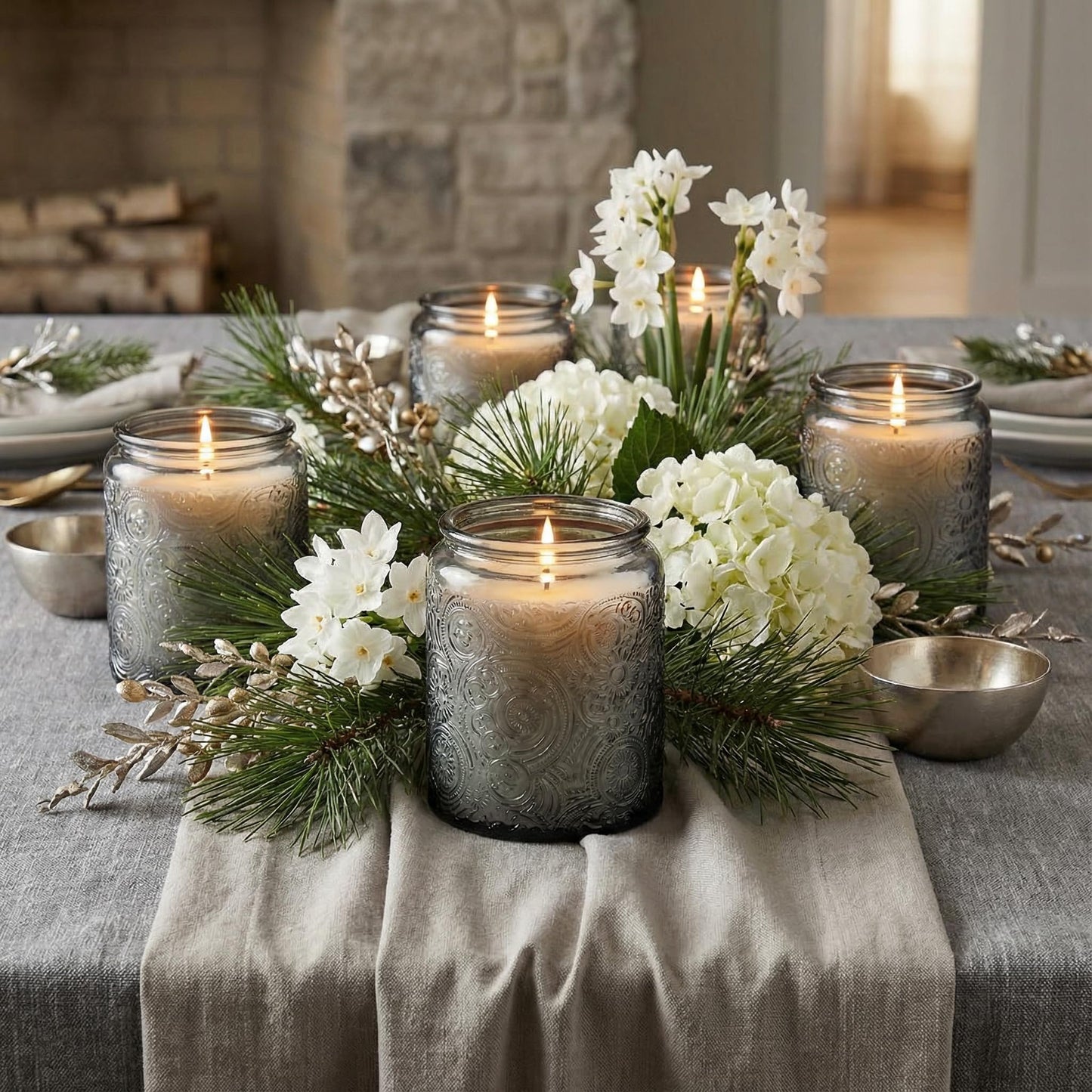 9-Pack 8oz Embossed Glass Candle Container with Bamboo Lids and Labels, Gray Candle Jars for Making Candles, Sun Moon Star Design
