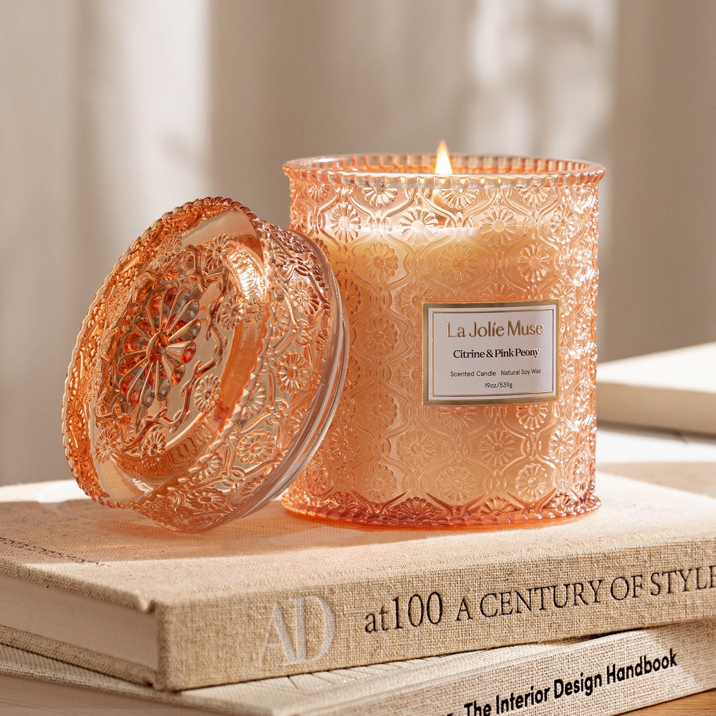 LA JOLIE MUSE Citrine & Pink Peony Scented Candle | Bergamot, Peony & Amber | 19 oz Large Wooden Wick | Natural Soy Wax | 90-Hour Clean Burn | Gift-Ready for Hosts & Gatherings