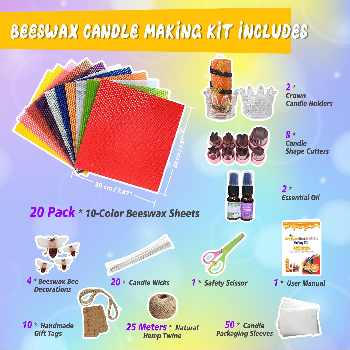 WcoDusak Beeswax Candle Making Kit for Kids, 100% Pure Beeswax Sheet for Candle Making with 20 Colorful Sheets, 8 Press-Out Molds, Glass Candle Holders & Complete Gift Supplies Creative DIY Craft