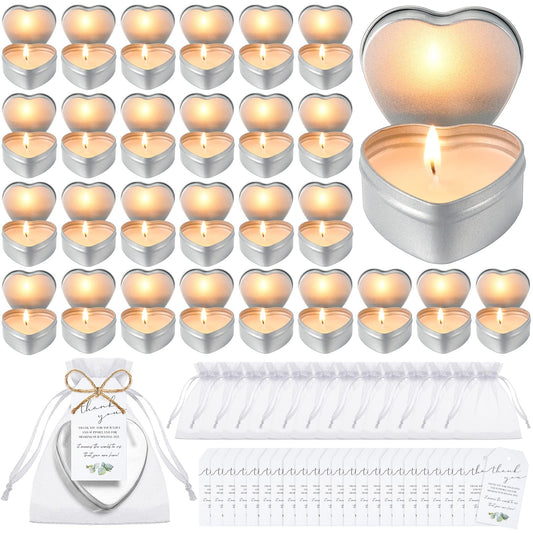 Treela 30 Sets Wedding Candle Favors for Guests Heart Shaped Unscented Tea Lights Set Include Small Smokeless Candles Bulk Thank You Tags and 4 x 4.7 Inch White Organza Gift Bags for Bridal Shower