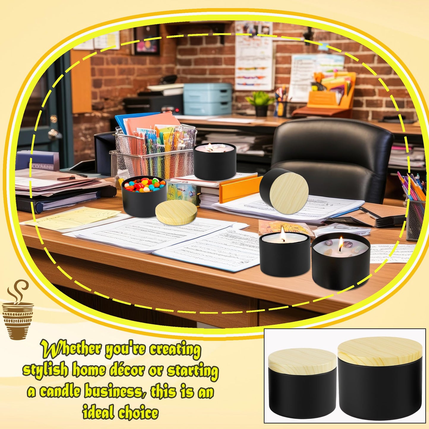 Swakuta 30 Pack Candle Tins for Candle Jars Making Black Metal Empty Candles Container with Wood-Grain Lids Bulk 4 8 oz Gift DIY Storage Supplies