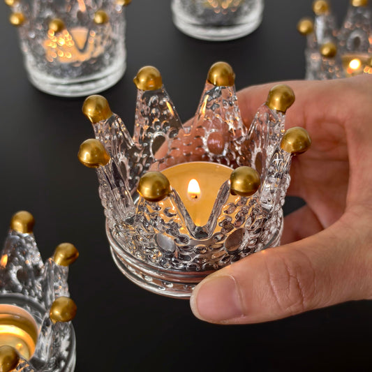 Vixdonos Crown Glass Tealight Candle Holder Set of 12 Votive Candle Holders for Wedding, Party and Home Decor (Gold Tips)