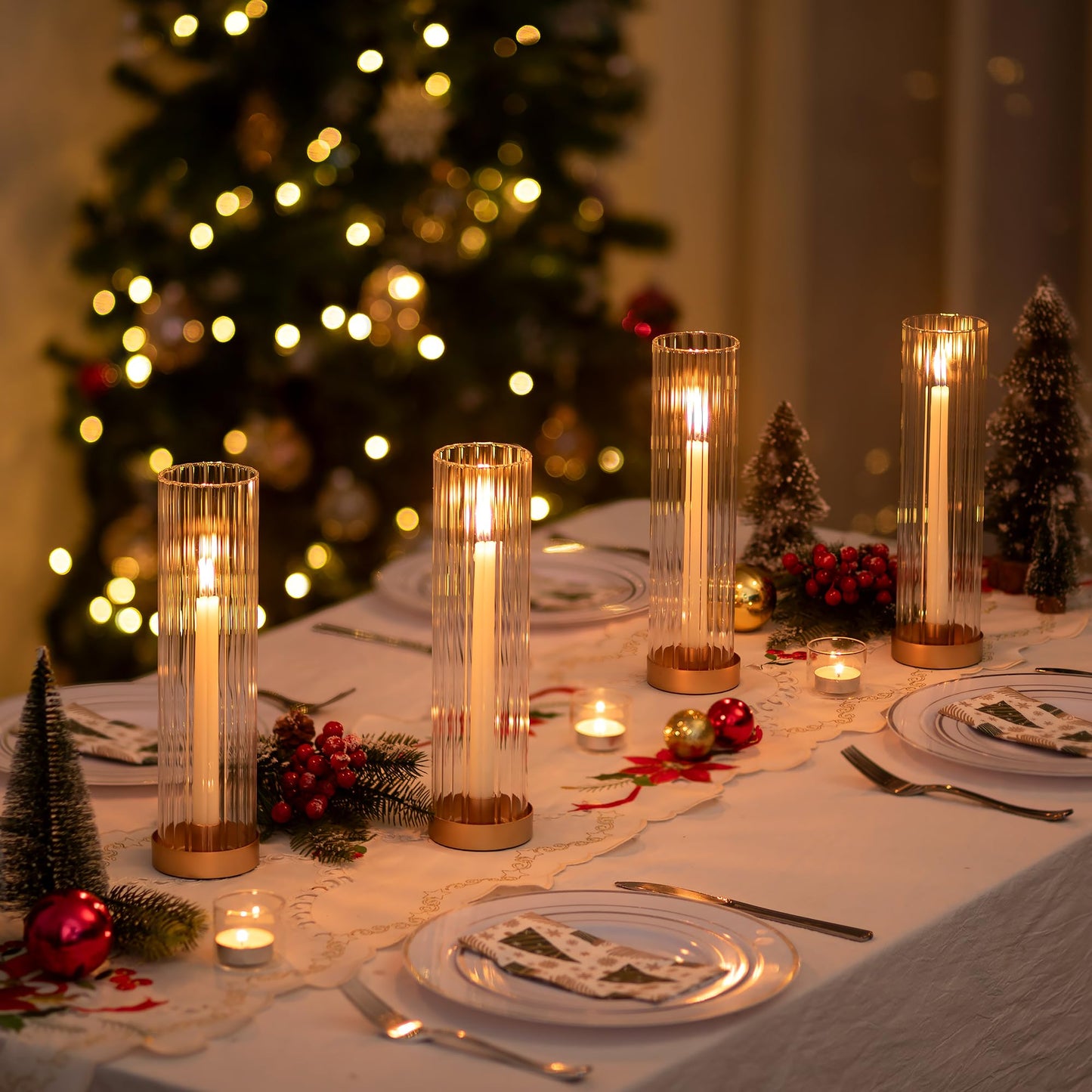 Hewory Hurricane Glass Candle Holders: Set of 8 Gold Candlestick Holders with 11" Tall Clear Cylinder Hurricane Cover, Taper Candle Holder for Wedding Table Centerpiece Party Christmas Home Decor