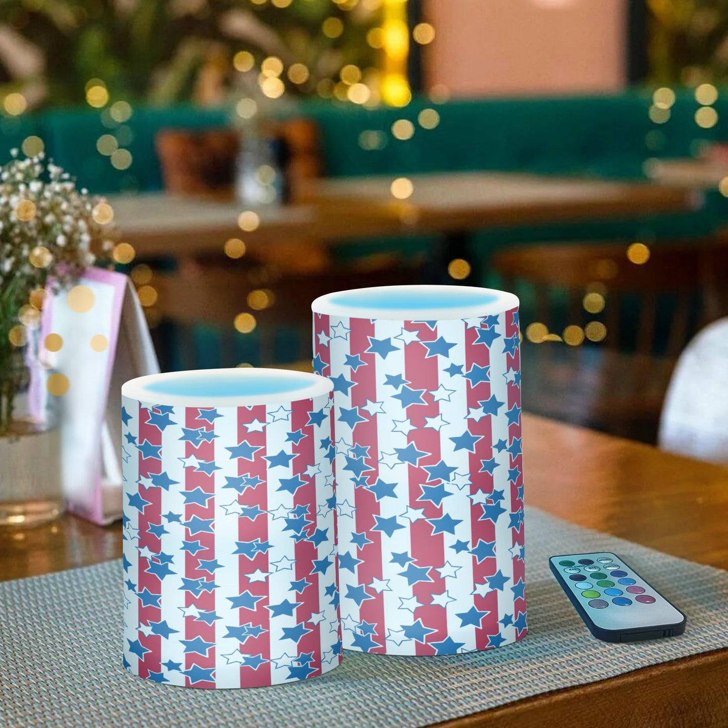 American Flag USA 4th July Red White Blue Star Stripe Flickering Flameless Candles Battery Operated Remote Timer,Tea Light Candles LED Pillar Votive Candles set of 2 for Outdoor Indoor Decoration