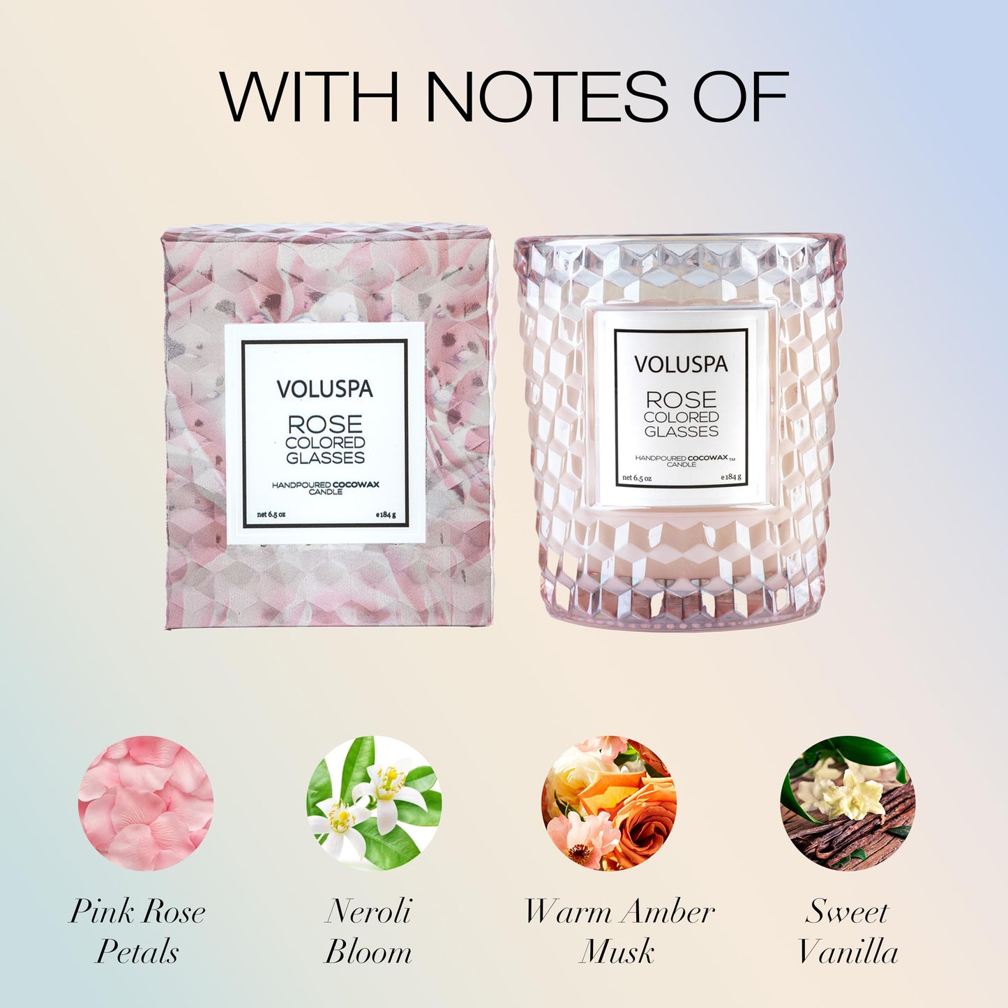 Voluspa Rose Colored Glasses, Classic Candle Jar, 6.5 Ounce, 40 Hour Burn Time, Coconut Wax for Clean Burning, Handcrafted in the USA