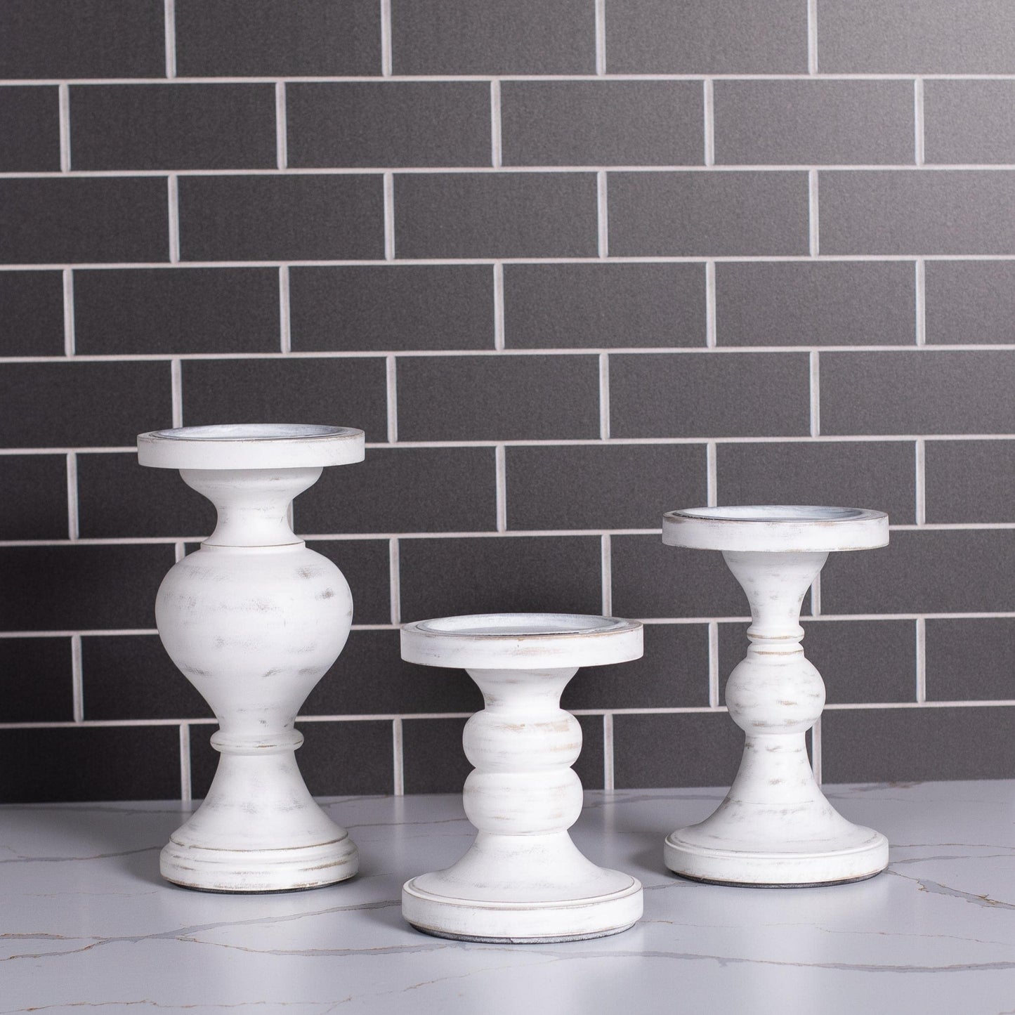 BIRDROCK HOME 3pc Pillar Candleholders - Whitewash - Farmhouse Decor - Wooden Candle Holders - Table Centerpiece - Stand