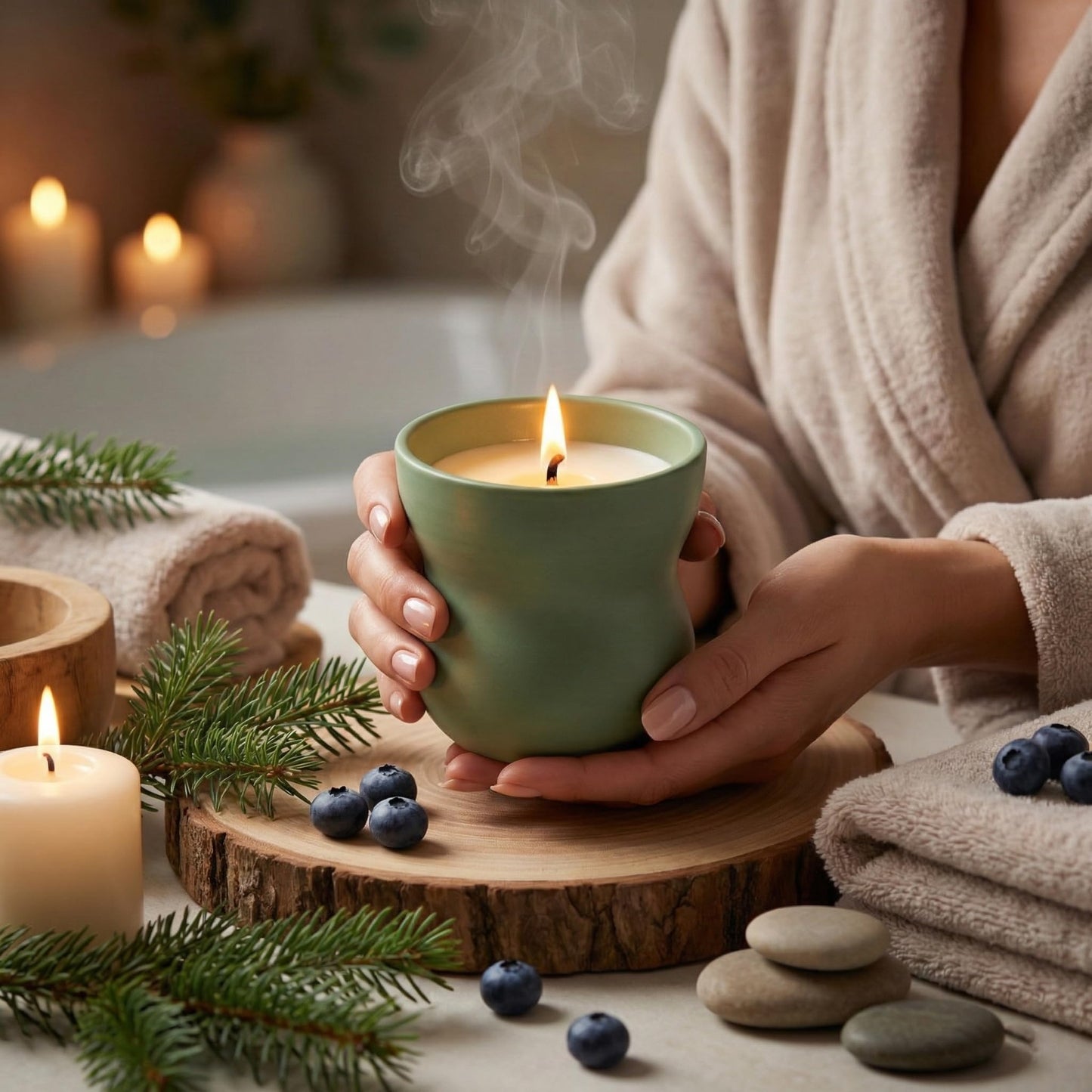 Fresh Balsam Scented Candle 8oz - CW Studio Ceramic Jar Candle with Dust Cover, Up to 40 Hour Burn, Palm & Paraffin Wax, Clean Smokeless Burn for Home Decor, Relaxation & Gift Giving
