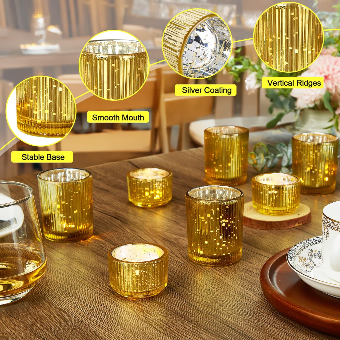 IMAGE Votive Gold Candle Holders, Elegant Glass Tea Light Holder for Weddings, Diwali, Home Decor, Shower, Party & Gift (12)