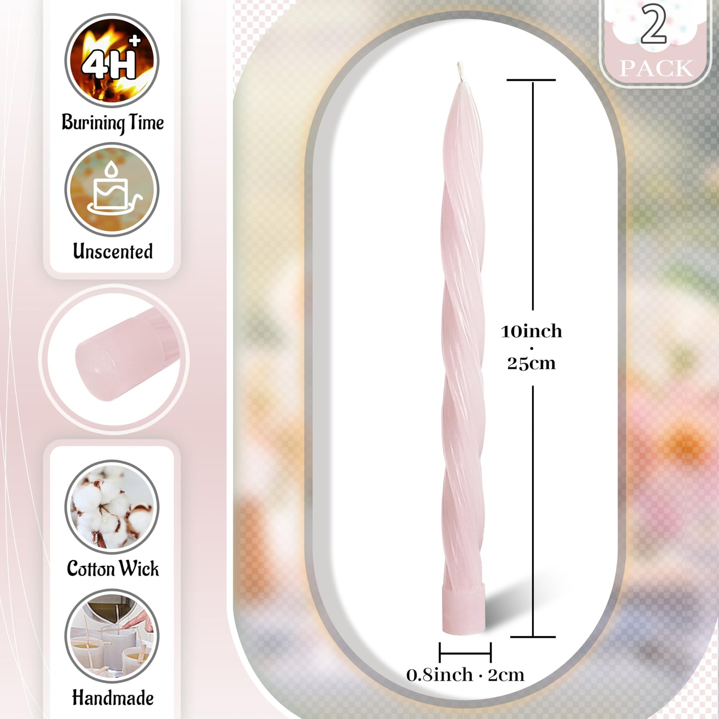 Taper Candle Pink Spiral Tapered Candles 10 Inch Smokeless Candlesticks Handmade Twisted Candle Stick 2 PCS for Holiday Wedding Home Decor Gifts