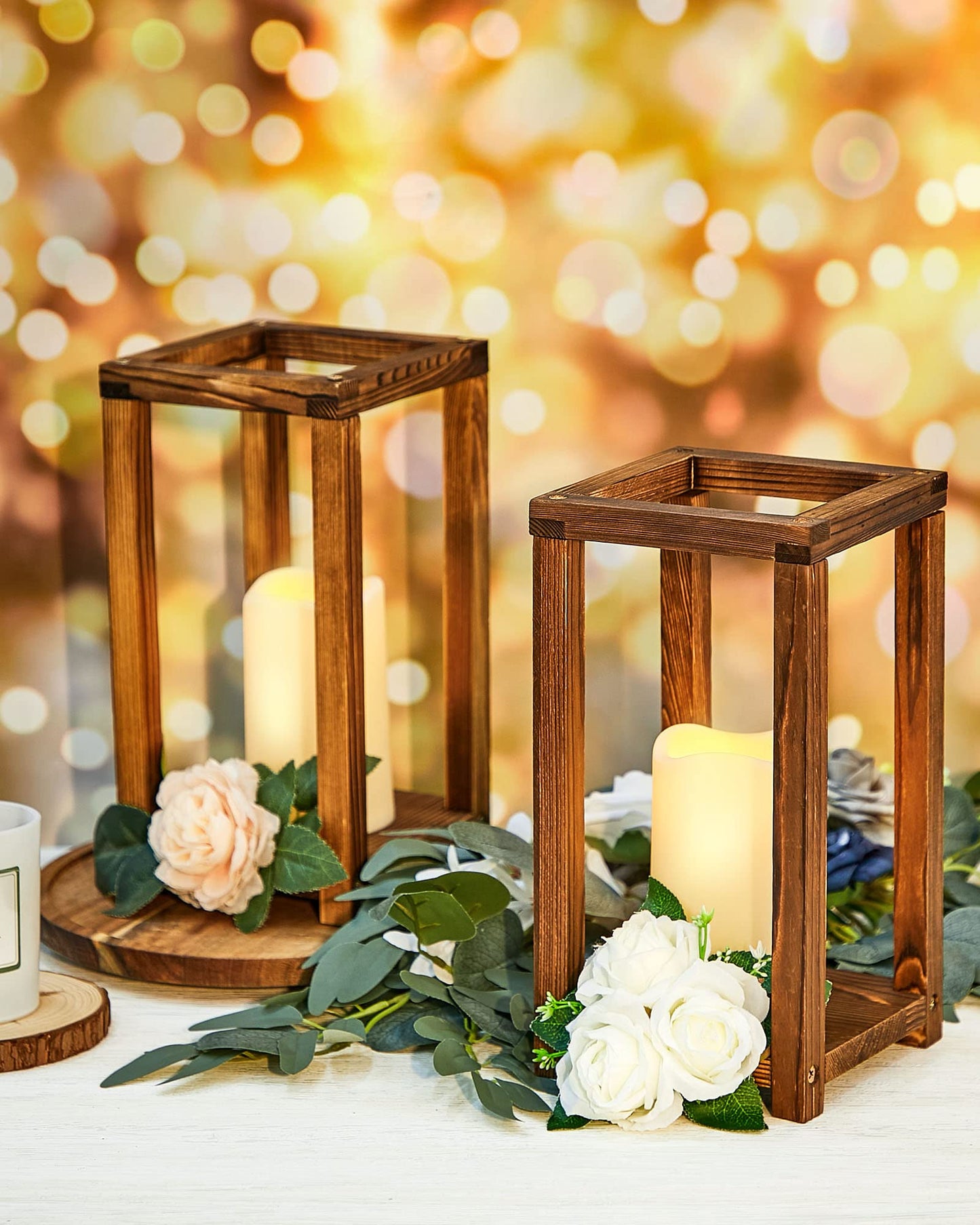 Huquary 32 Pcs/16 Set Wooden Wedding Lantern Centerpiece Include Farmhouse Candle Holders and Flameless LED Candles for Rustic Wedding Table Decoration