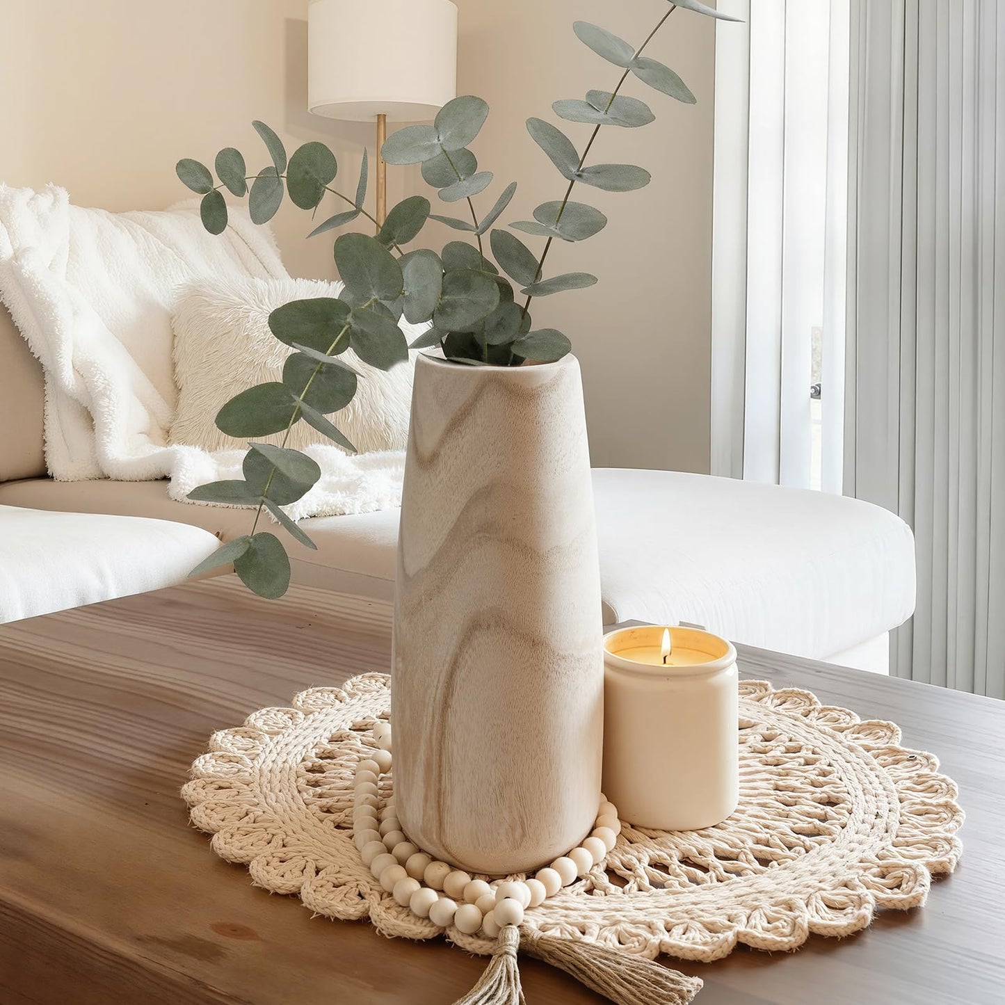Natural Wood Vase for Dried Flowers - 12 Inch Decorative Wooden Vase, Warm Neutral Farmhouse Boho Decor for Living Room Bedroom Table Shelf