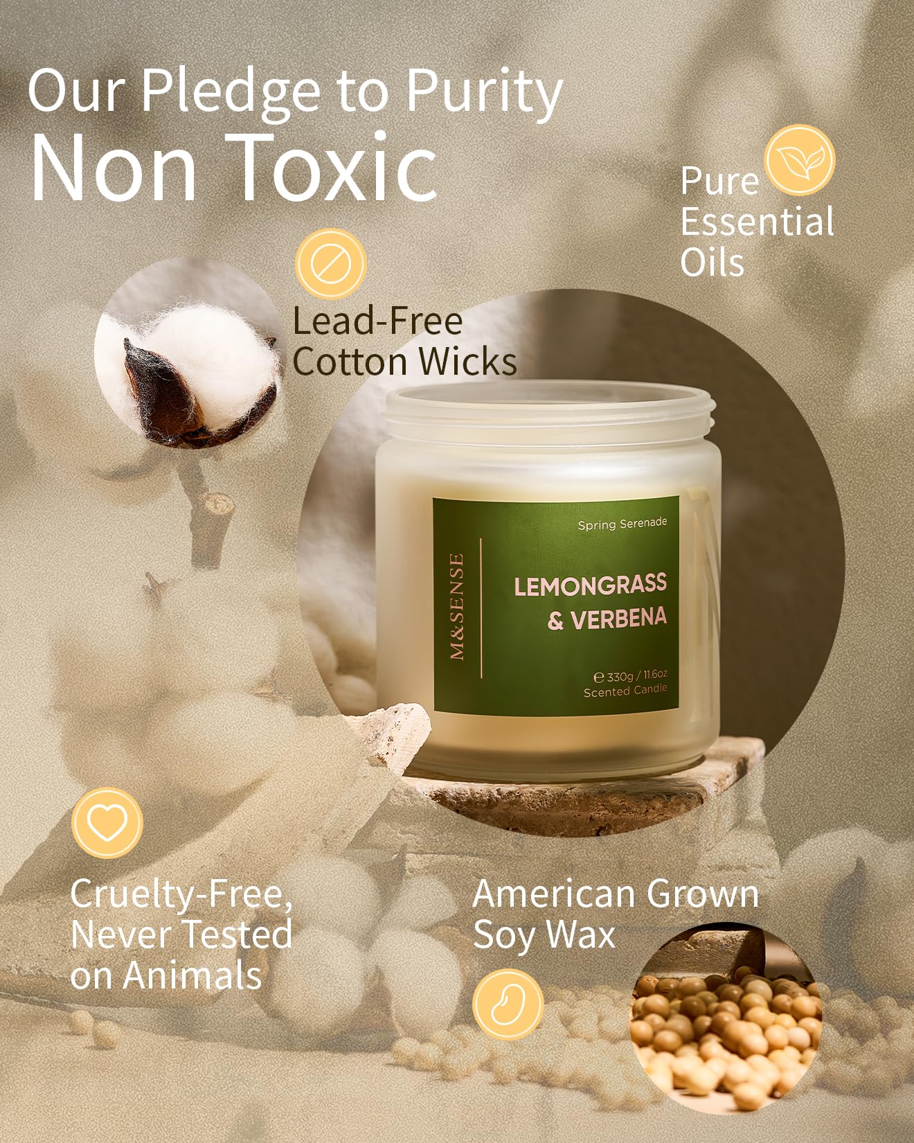 M&SENSE Lemongrass Verbena Scented Candles for Home, 11.6oz Organic Soy Wax, 70 Hours Long Lasting, Natural Non Toxic Clean Burn, 2 Wicks Herbal Smelling Aromatherapy Candle in Large Jar for Cleansing