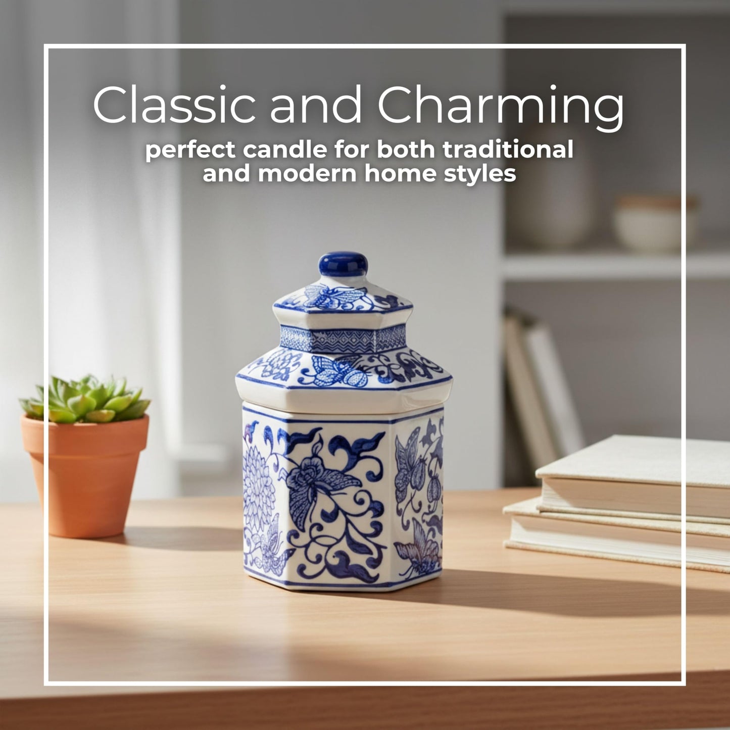 Sandalwood Scented Candle with Lid for Men and Women - Ceramic Chinoiserie Candle with Lid for Living Room, Bedroom, and Bathroom - Decorative Accent for Indoor and Outdoor - 7", Blue & White