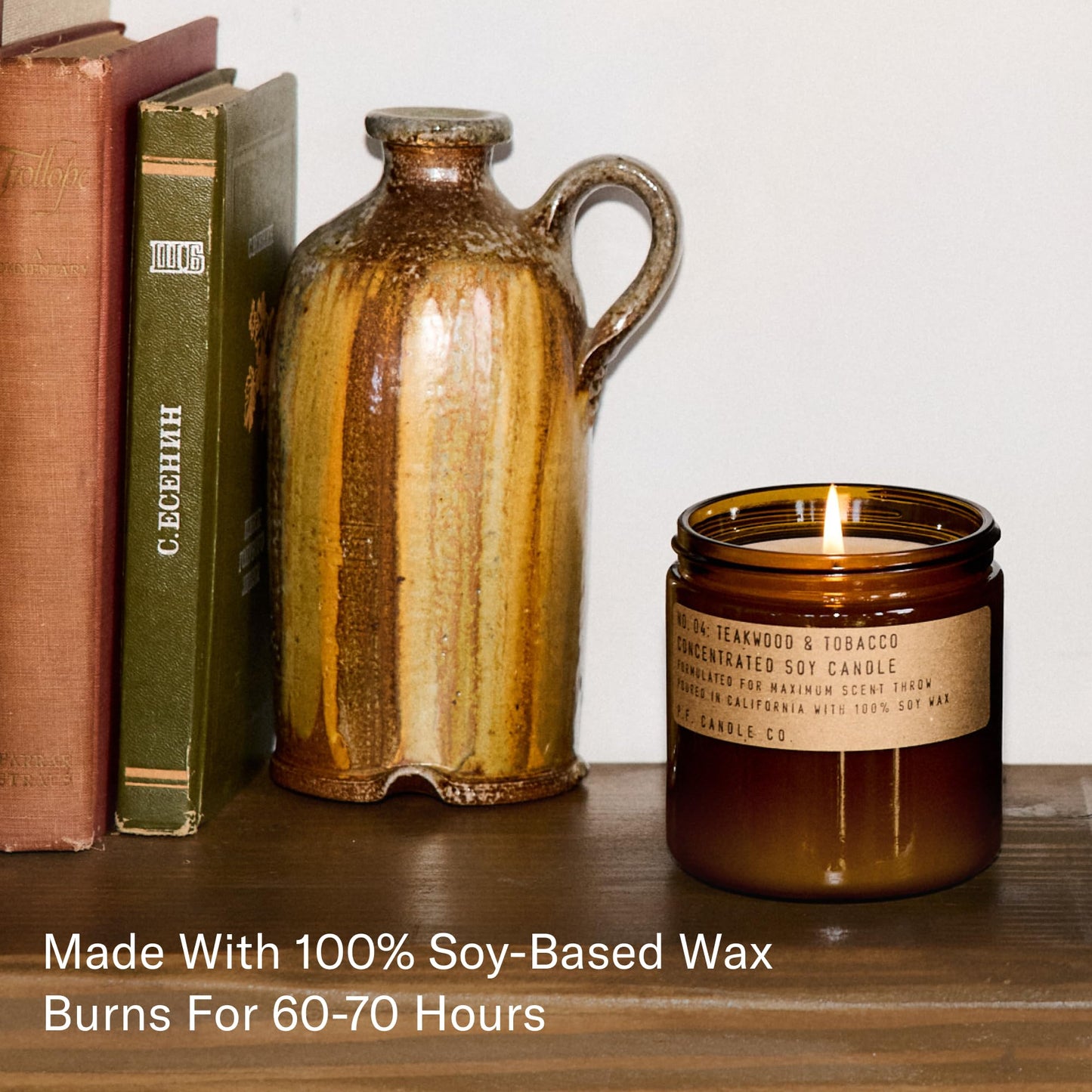 P.F. Candle Co. Teakwood & Tobacco Classic Large Concentrated Scented Soy Wax Candle (12.5 oz) 60-70 Hour Burn Time, Amber Glass Jar, Made in the U.S.A.