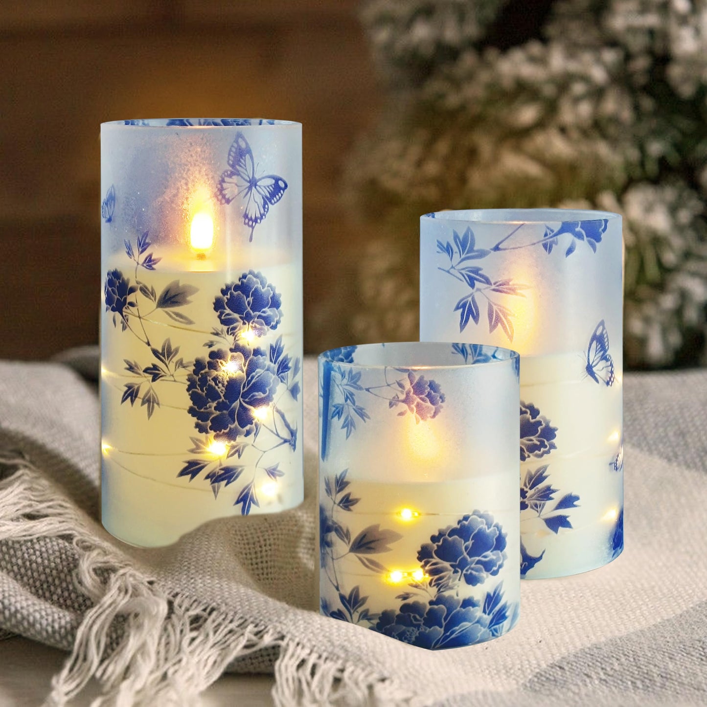 Flickering Flameless Candles Blue Peony Print Embedded Star String Lights, Battery Operated Acrylic LED Pillar Candles with 11-Key Remote and Timer for Home Decoration, 3 Pack