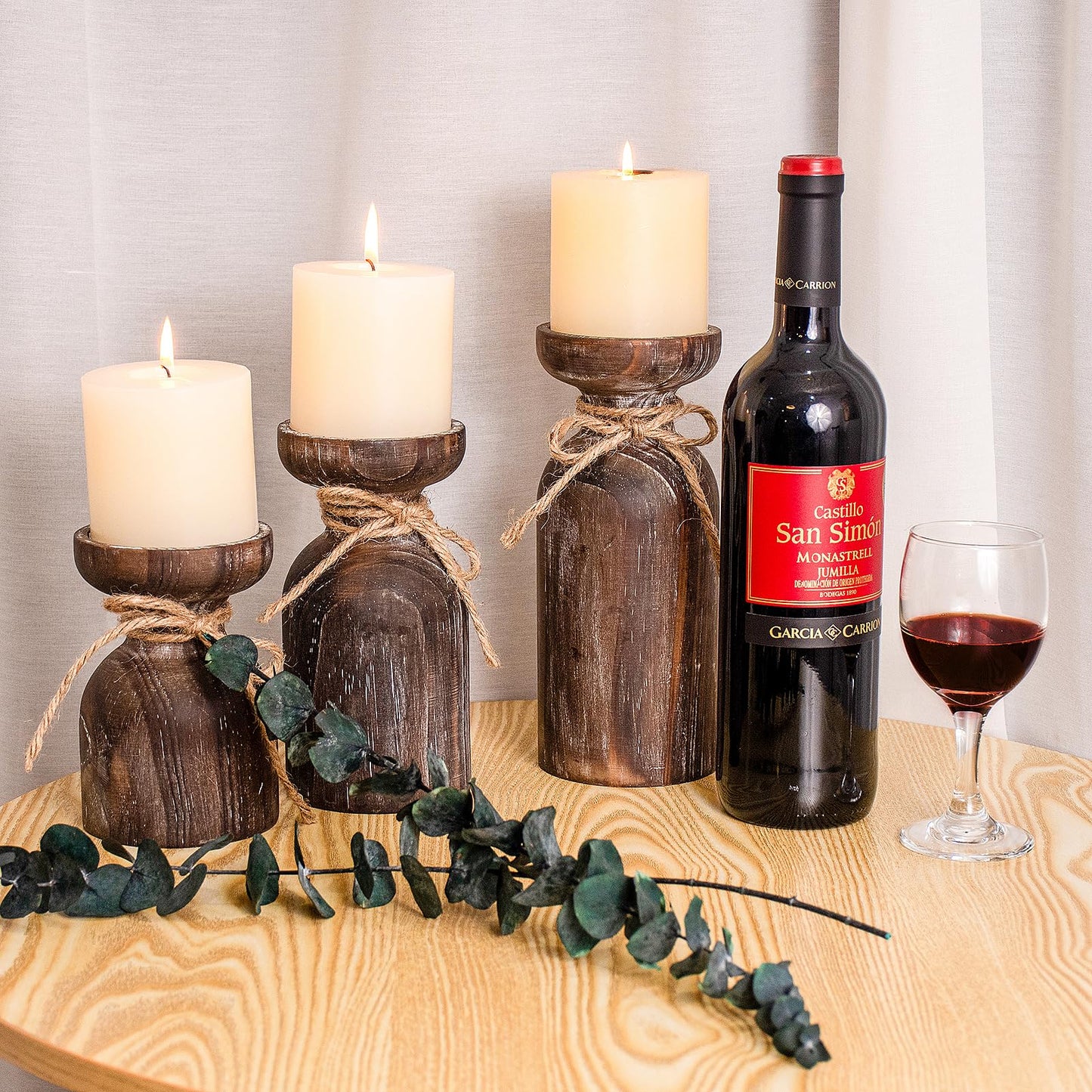 Farmhouse Wooden Candle Holders for Pillar Candles, Brown Distressed Set of 3 Rustic Wood Pillar Wood Candle Stands with Hemp Rope Bow Table Centerpiece Decor for Fireplace, Living, and Dining Room