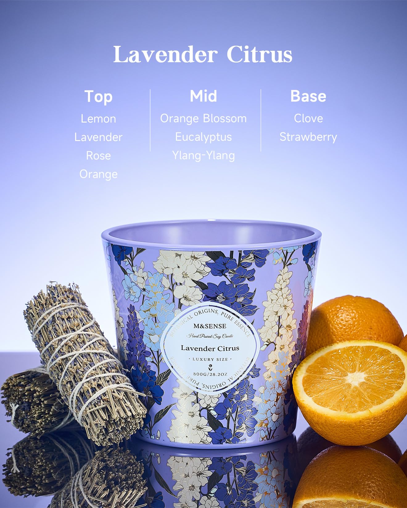 M&SENSE Lavender Citrus Scented Candle, 28.2oz 3 Wick Natural Soy Wax Large Candles, Long Lasting Clean Slow Burning No Toxic Décor for Home Relaxation, Romantic Dates & Gift-Giving