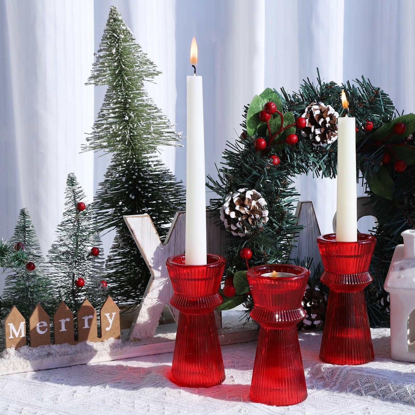VOHO Red Candlesticks Holders for Christmas Decorations, Set of 3 Ribbed Glass Candle Holder Versatile for Taper & Tea Lights Candles, Romantic Red Taper Candle Holders for Valentines Day Anniversary