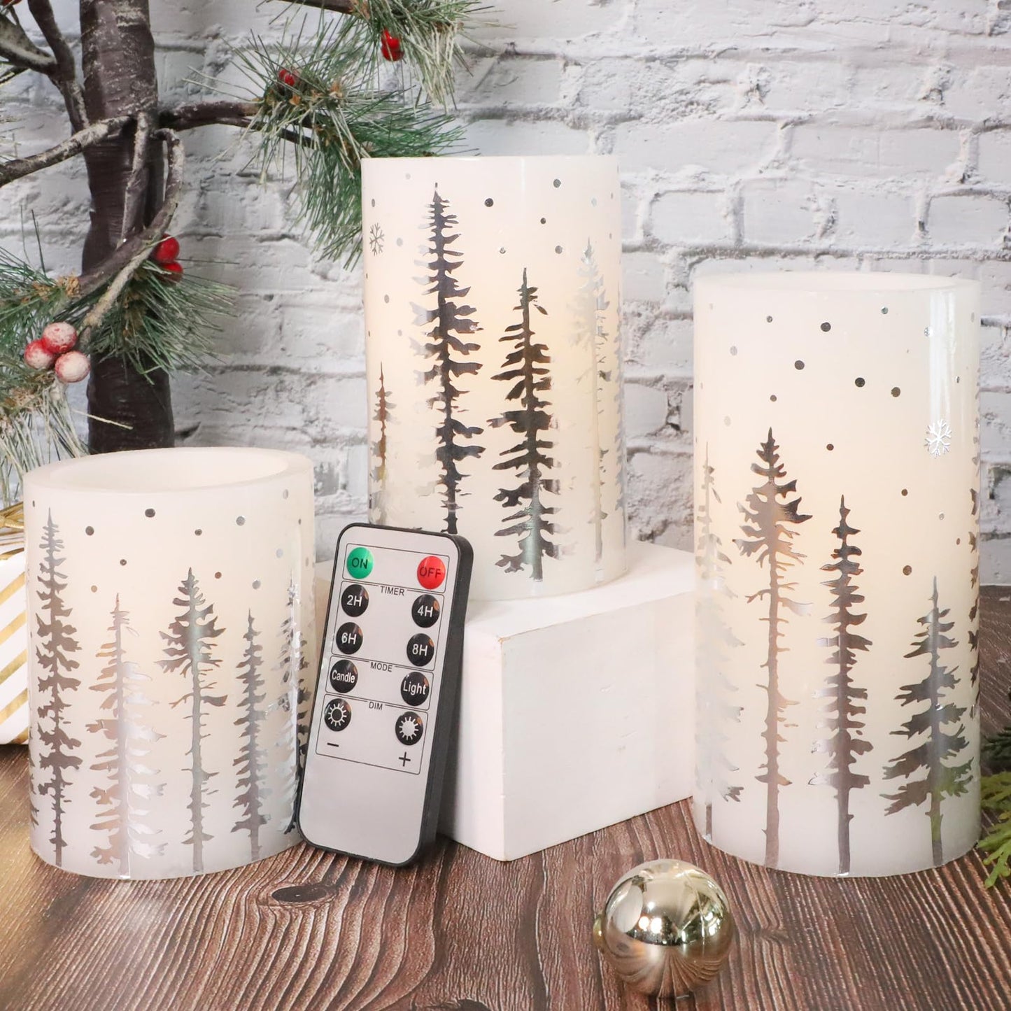 Crystal Club Christmas Flameless Candles, Holiday LED Candles Battery Operated with Remote and Timer, Realistic Flickering Candles with Silver Xmas Tree Decal for Festival & Home Party Decor