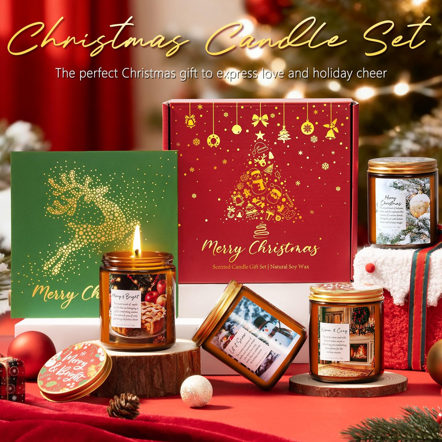 Christmas Candles Set, 4 Pack Xmas Scented Candles for Women, Winter Soy Candle for Home Scented Holiday Candle Gift Set, Christmas Gifts for Women Men- Balsam Cedar/Apple Pie/Citrus/Vanilla Coconut