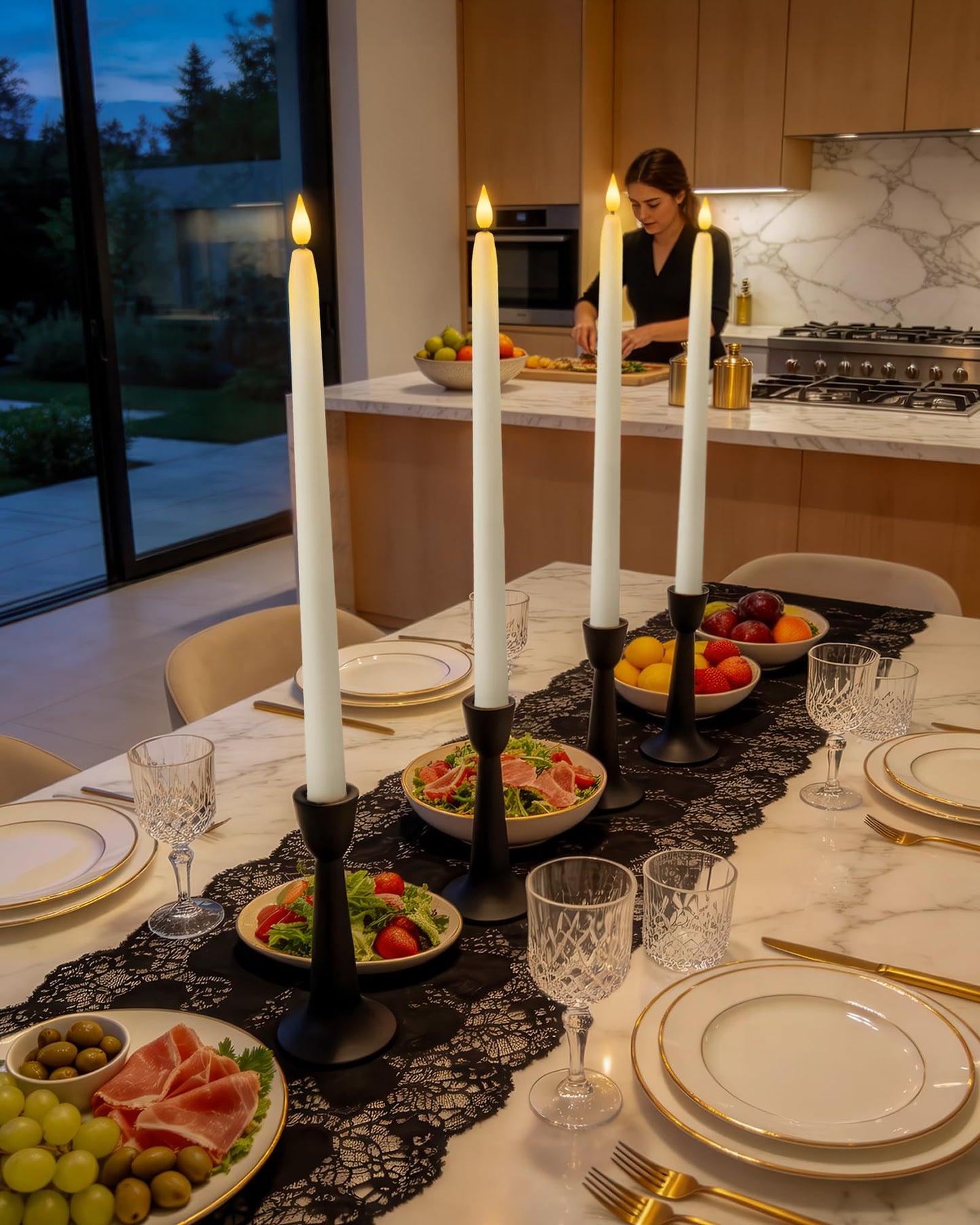 Homemory 15 inches Real Wax Flameless Taper Candles with Remote Timer, 3 Pcs White LED Taper Candles Battery Operated with 3D Flickering Flame, Window Candle Led Candlesticks for Dinners Home Decor