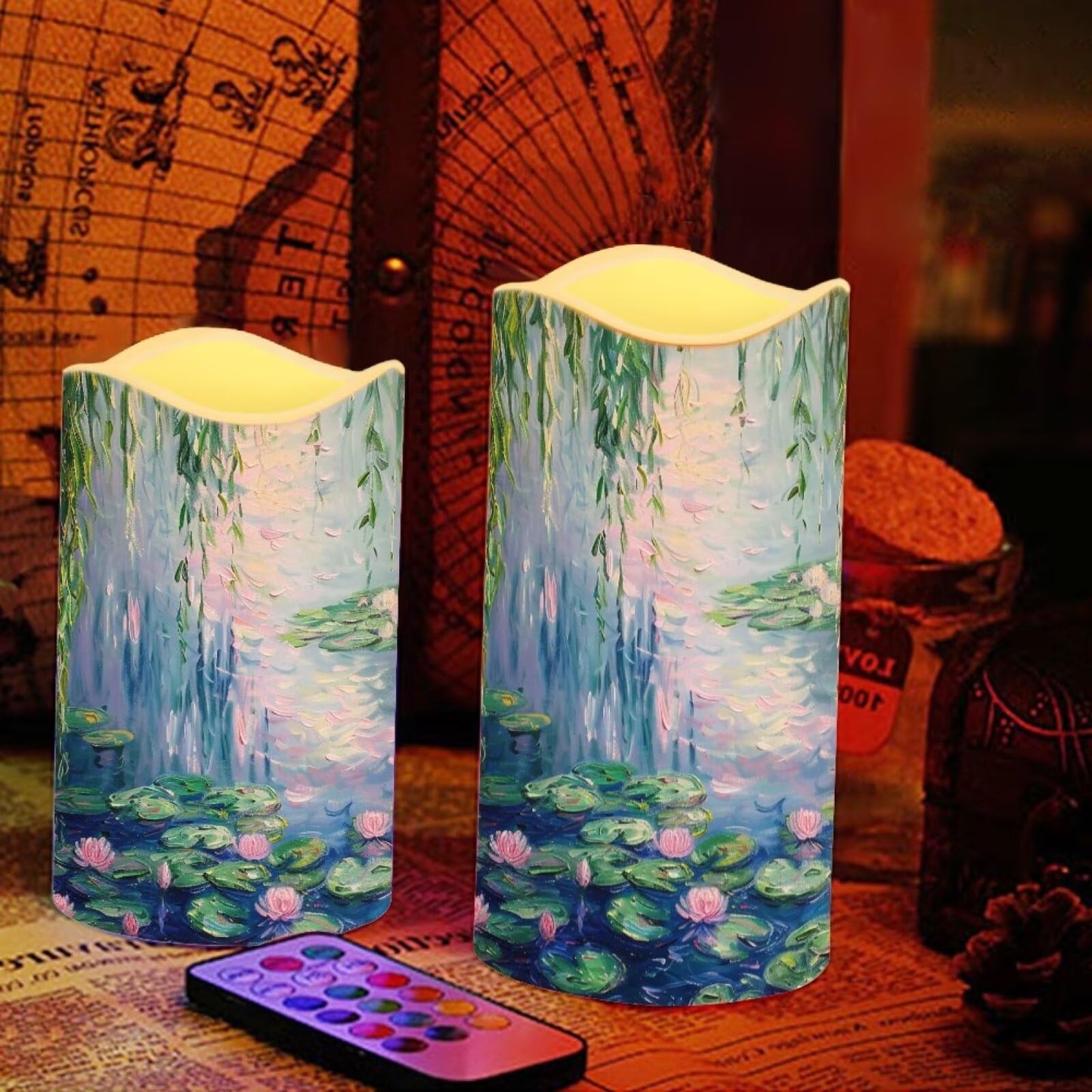 Cozeyat Garden Floral Valentines Day Flameless Candles Set of 4 Battery Powered LED Pillar Candles with Remote Timer Flickering Flame for Home Table Decor