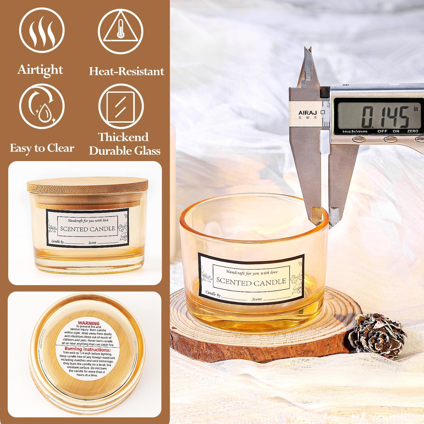 CONNOO 15 Pack 4 OZ Gold Amber Glass Candle Jars with Airtight Bamboo Lids for Making Candles, Bulk Small Wide Mouth Empty Candle Containers with Sticky Warning Labels - Dishwasher Safe, Champagne
