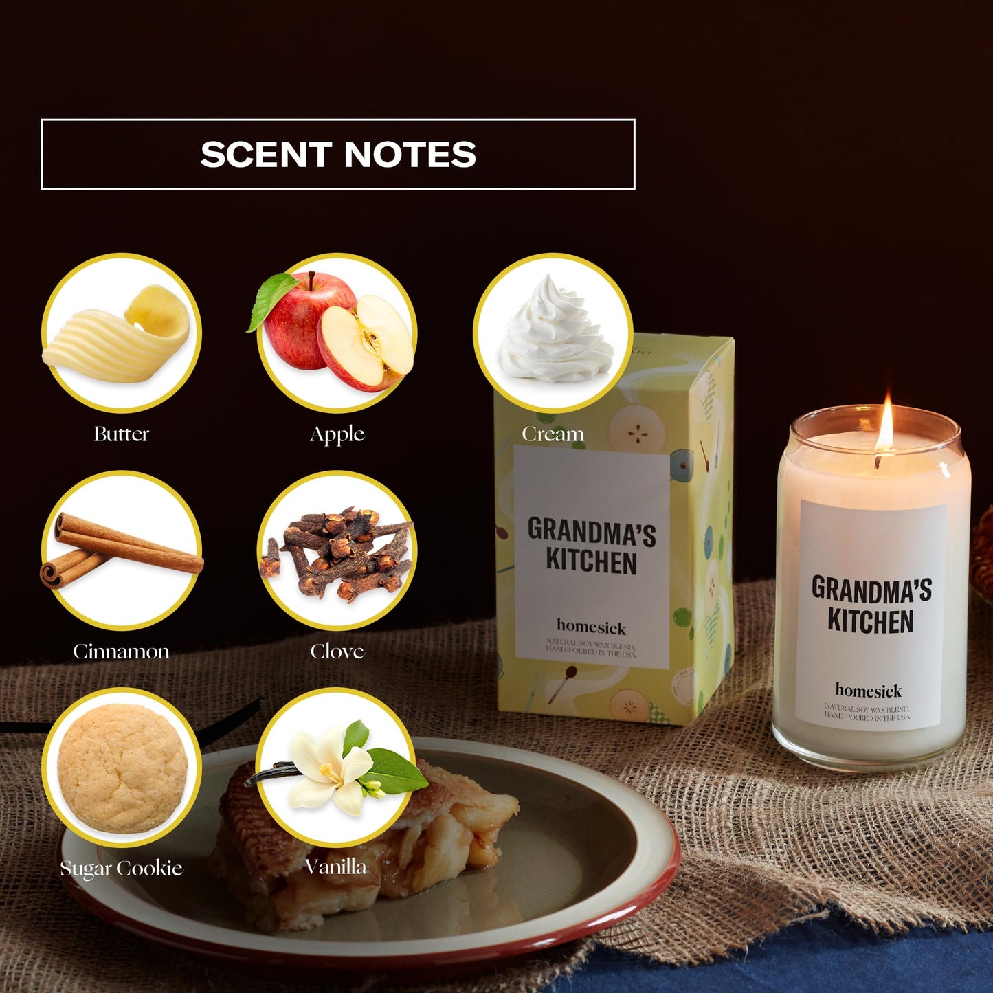 Homesick Scented Candles for Home (Grandma's Kitchen) - 13.75 oz Long-Lasting Natural Soy Wax Blend Jar Candle Gifts for Women & Men, 60-80 Hours Burn Time - Notes of Butter, Apple & Cream