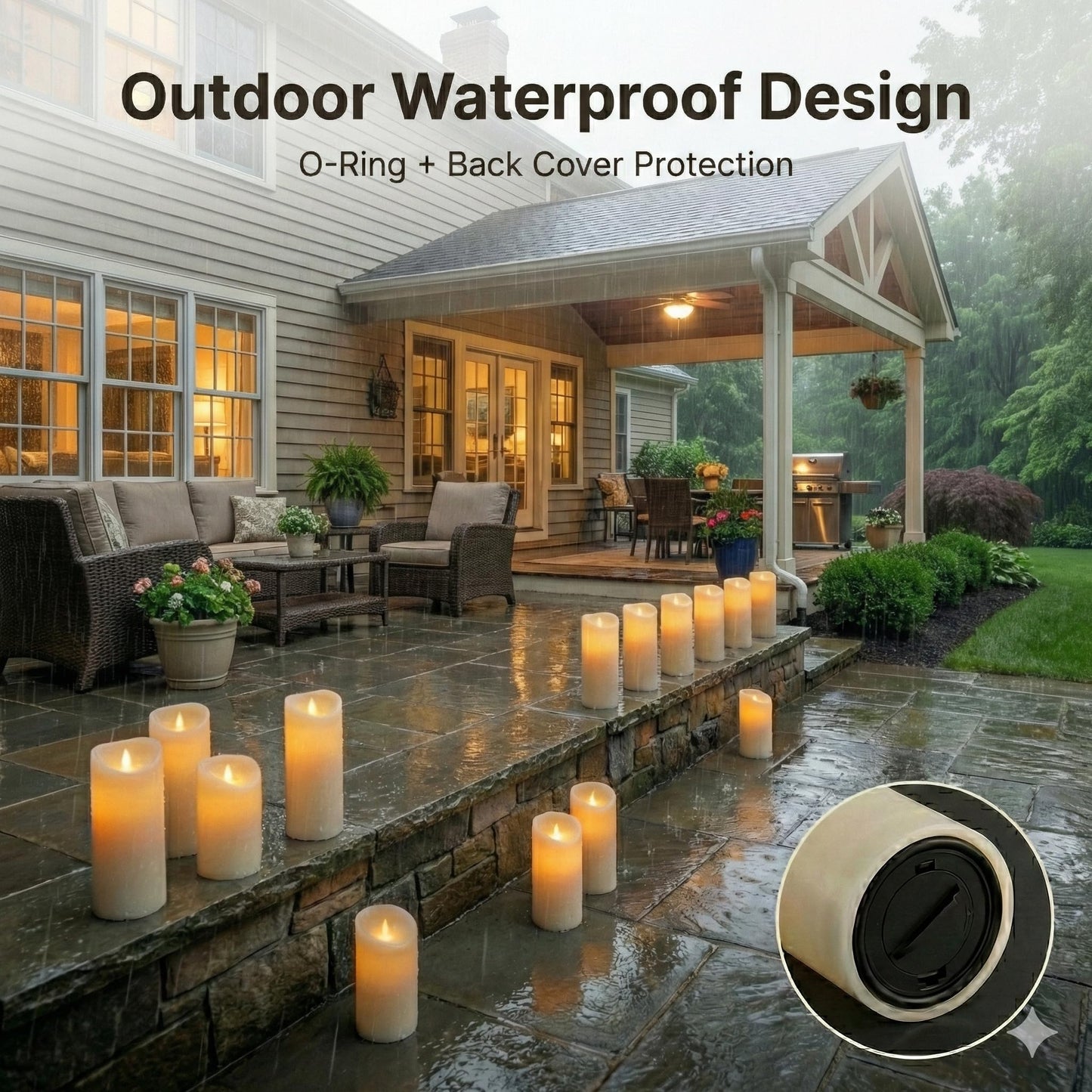 Set of 24 Slim Outdoor LED Candles, Battery Operated Flickering Fake Candles with 10-Key Timers for Patio & Porch Decor, 2.2 Inch Diameter Waterproof Resin Pillars for Large Events & Sconces (White)