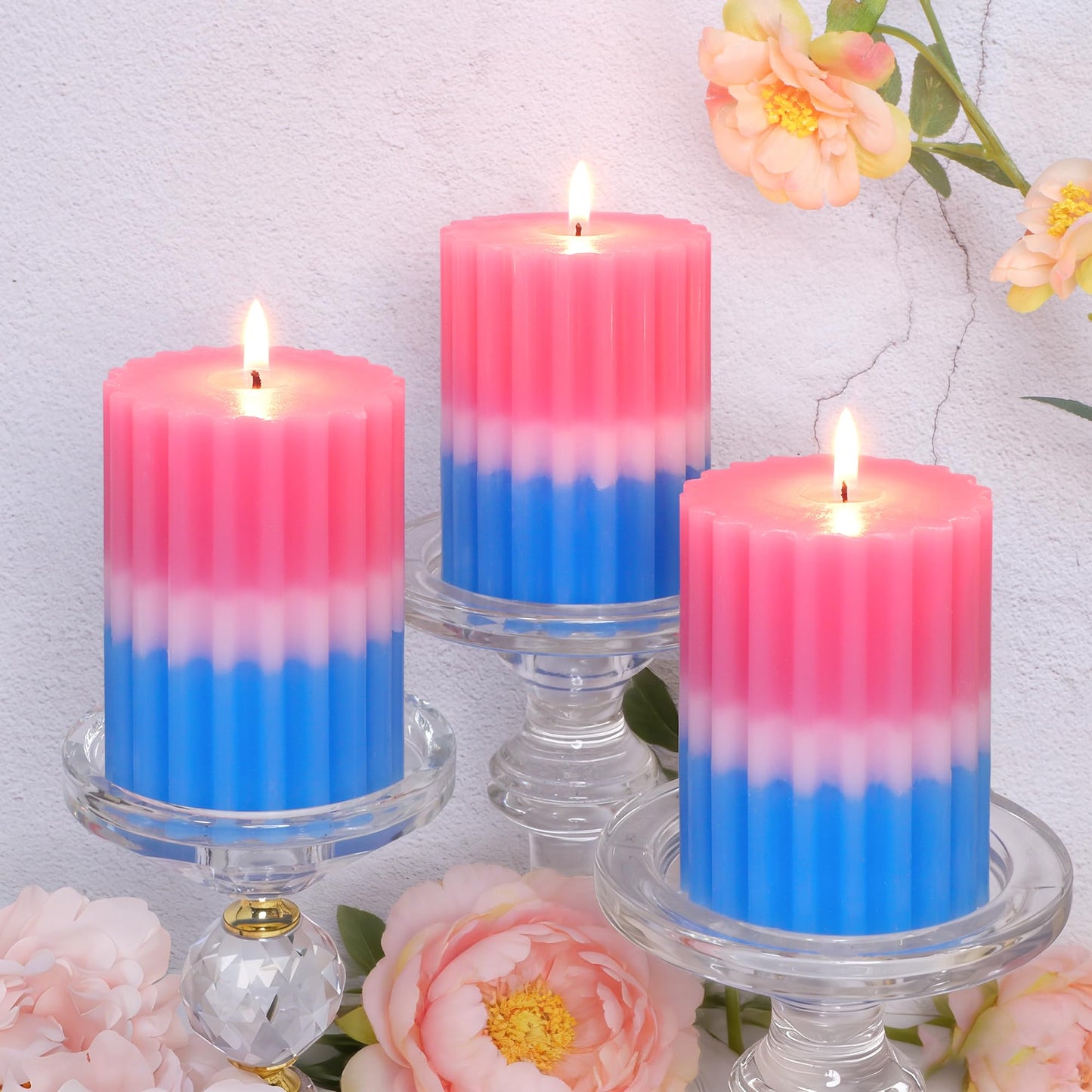 FLAVCHARM Ribbed Pillar Candles Fruity Floral Scented Pink Blue Ombre 3×4 Inch Candle Handcrafted Aesthetic Romantic Aromatherapy Candles for Home Decor Wedding Party Housewarming Gift