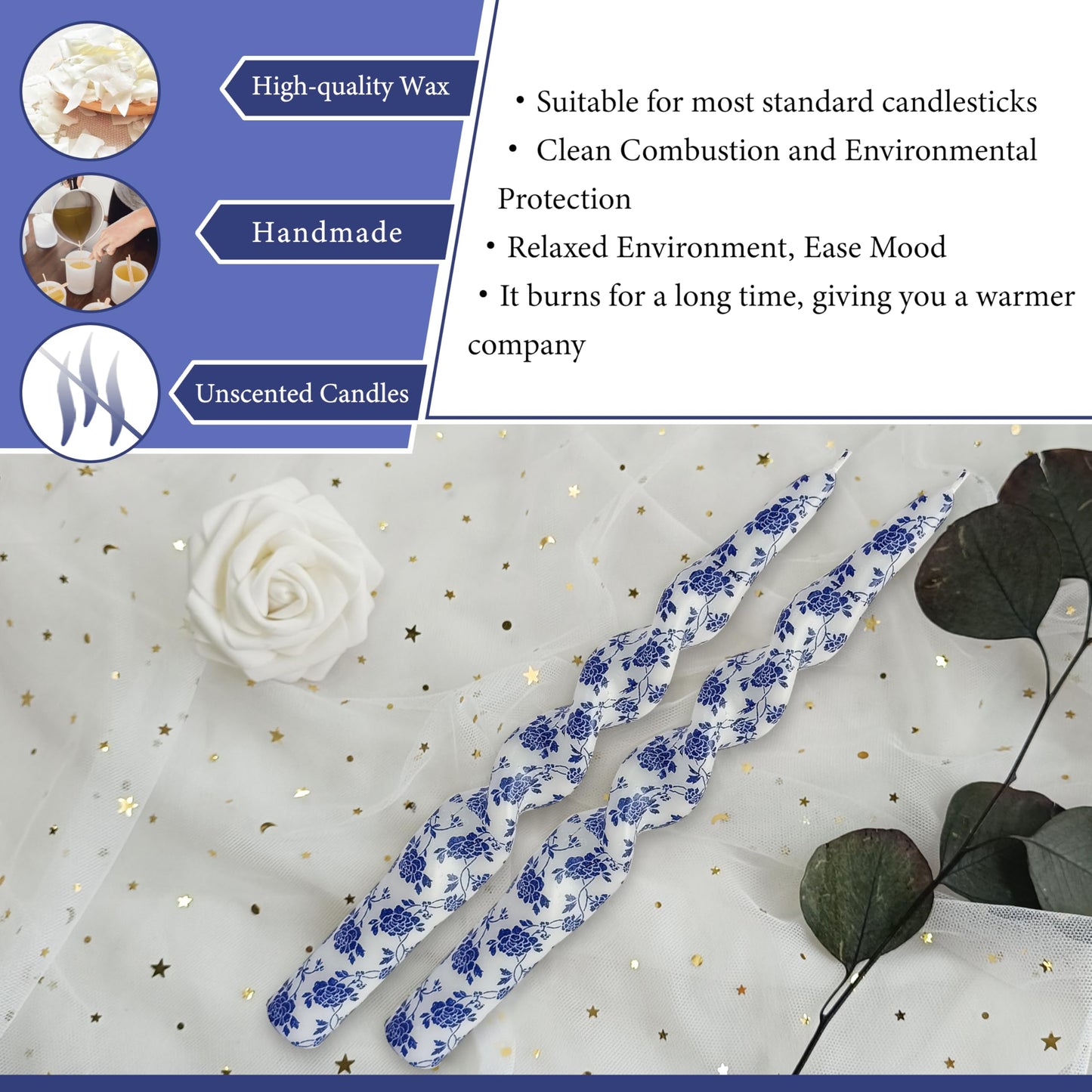 Flowers Printed Spiral Candles Unscented Twisted Candlestick Smokeless 2 PCS Blue Long Taper Candle 10 inch Twisted Candle Sticks Tapered Candles for Home Wedding Dinner Holiday Party