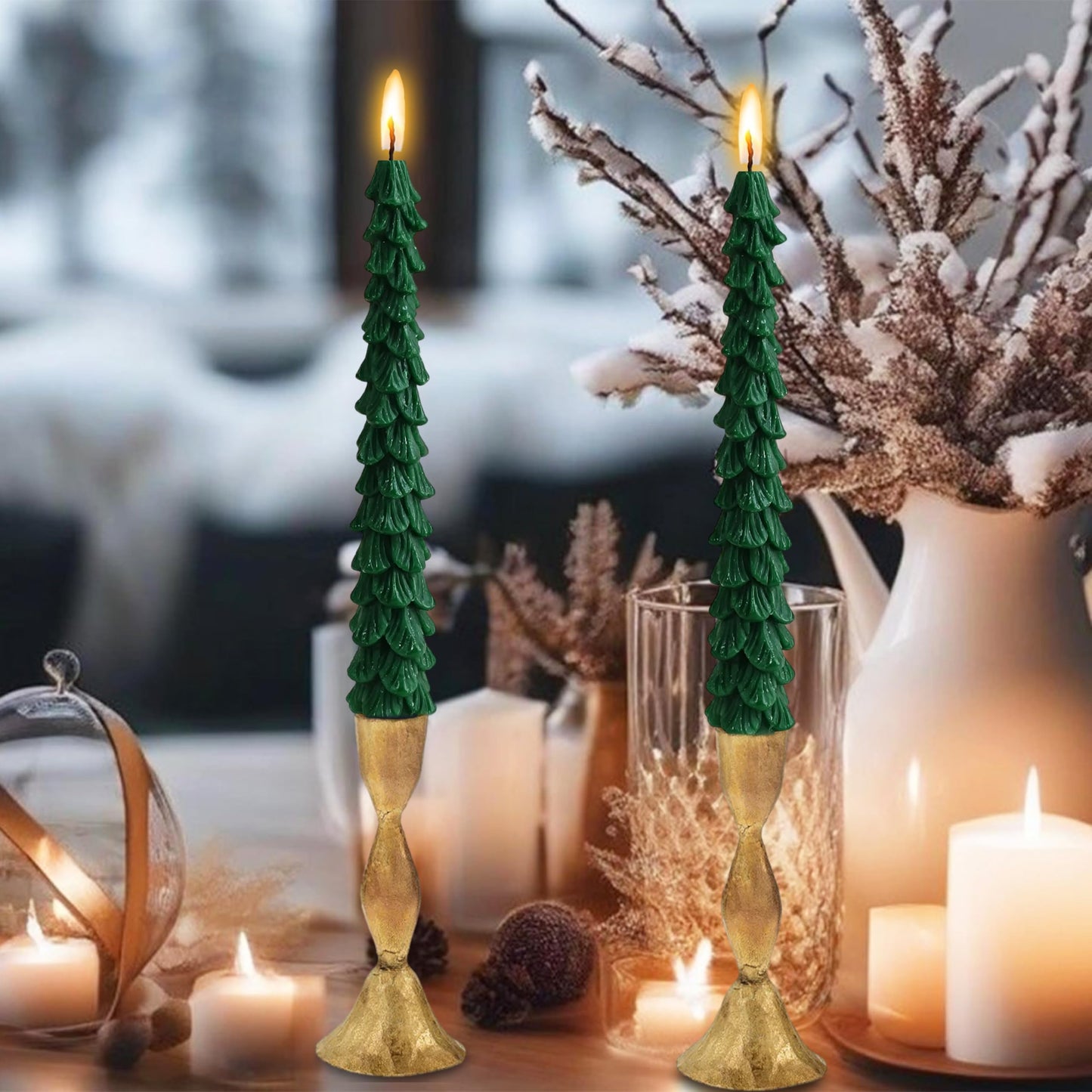Green Christmas Tree Shaped Taper Candles 10 Inch Xmas Eve Holiday Candle Unscented Candlesticks for Christmas Party Room House Kitchen Decor Wedding Decorations Gift, 2 Pack