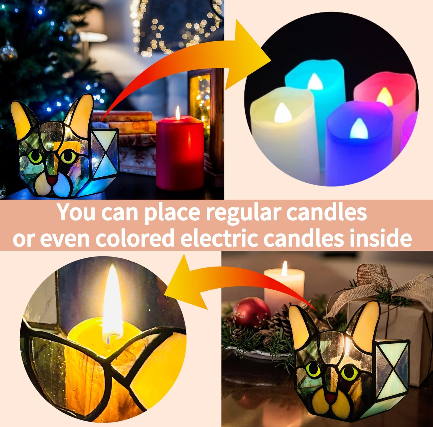 Entlityful Stained Glass Cat Tea Light Candle Holder Glass,Pencil Holders for Desk,Funny Cactus Pot,Gift for Cat Lover