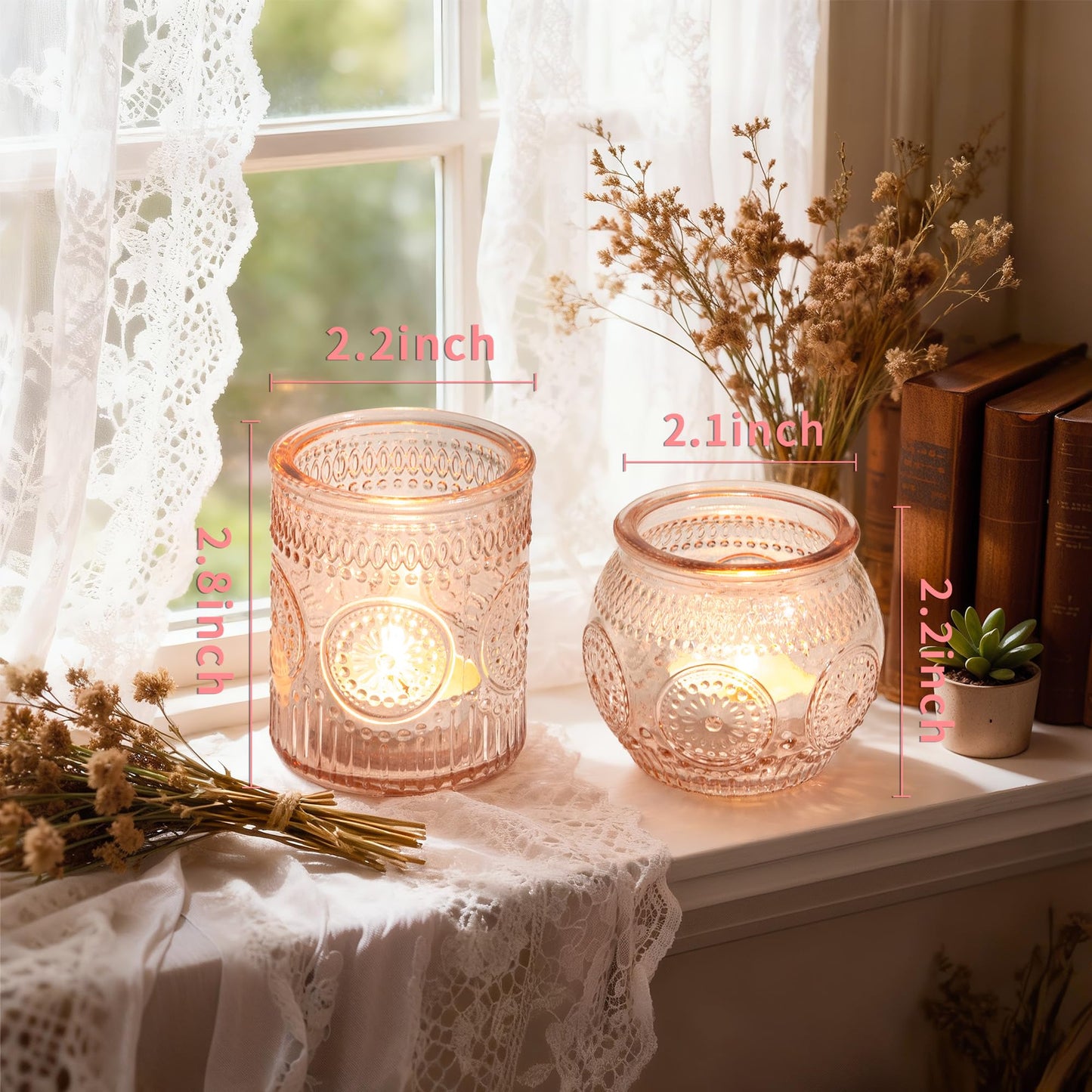 WELLIFE 24-Piece Pink Glass Votive Candle Holders Set – Tealight Candle Holder Glass Bulk with 12 Round & 12 Sunflower Textured Cups, Pink Votive Candle Holders for Weddings, Parties, Home