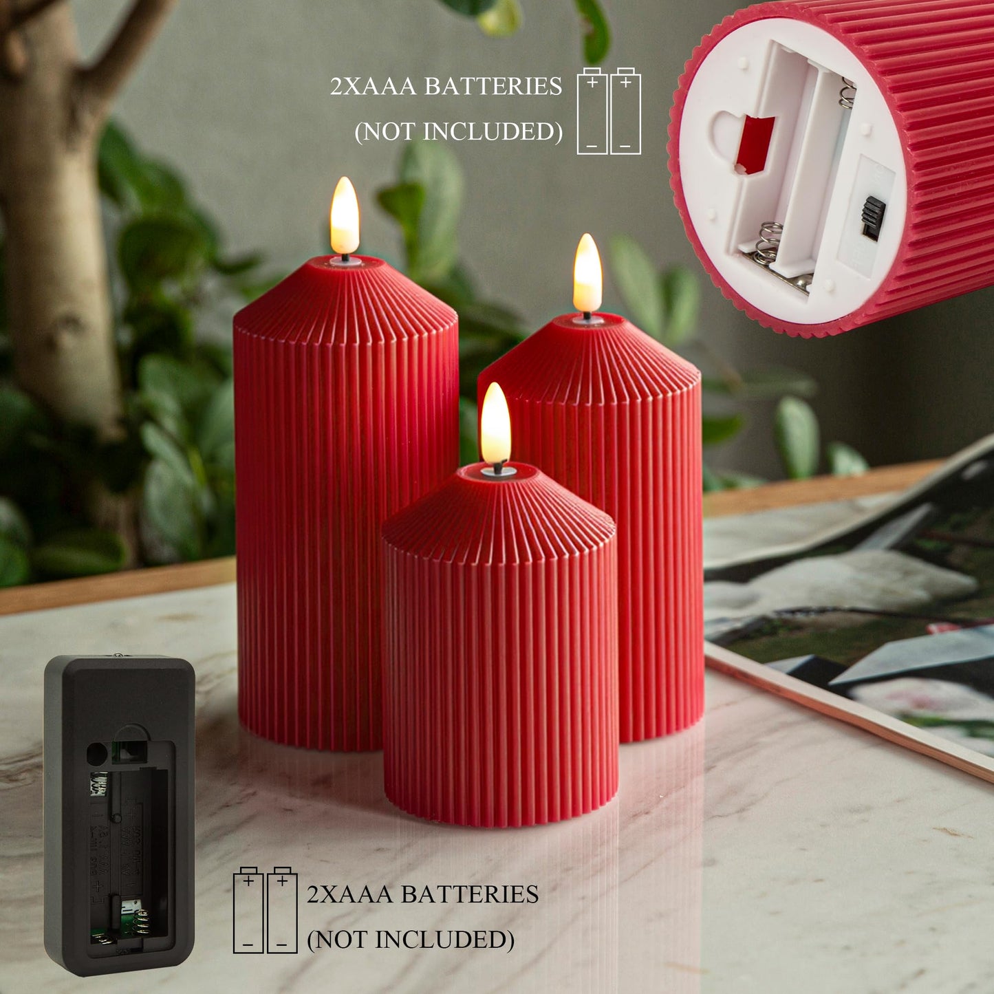 LUSHARBOR Flameless Candles with Remote, Battery Operated Candles Real Wax LED Fake Pillar Candles with Timer Flickering Flame for Wedding Home Party, Set of 3 Red