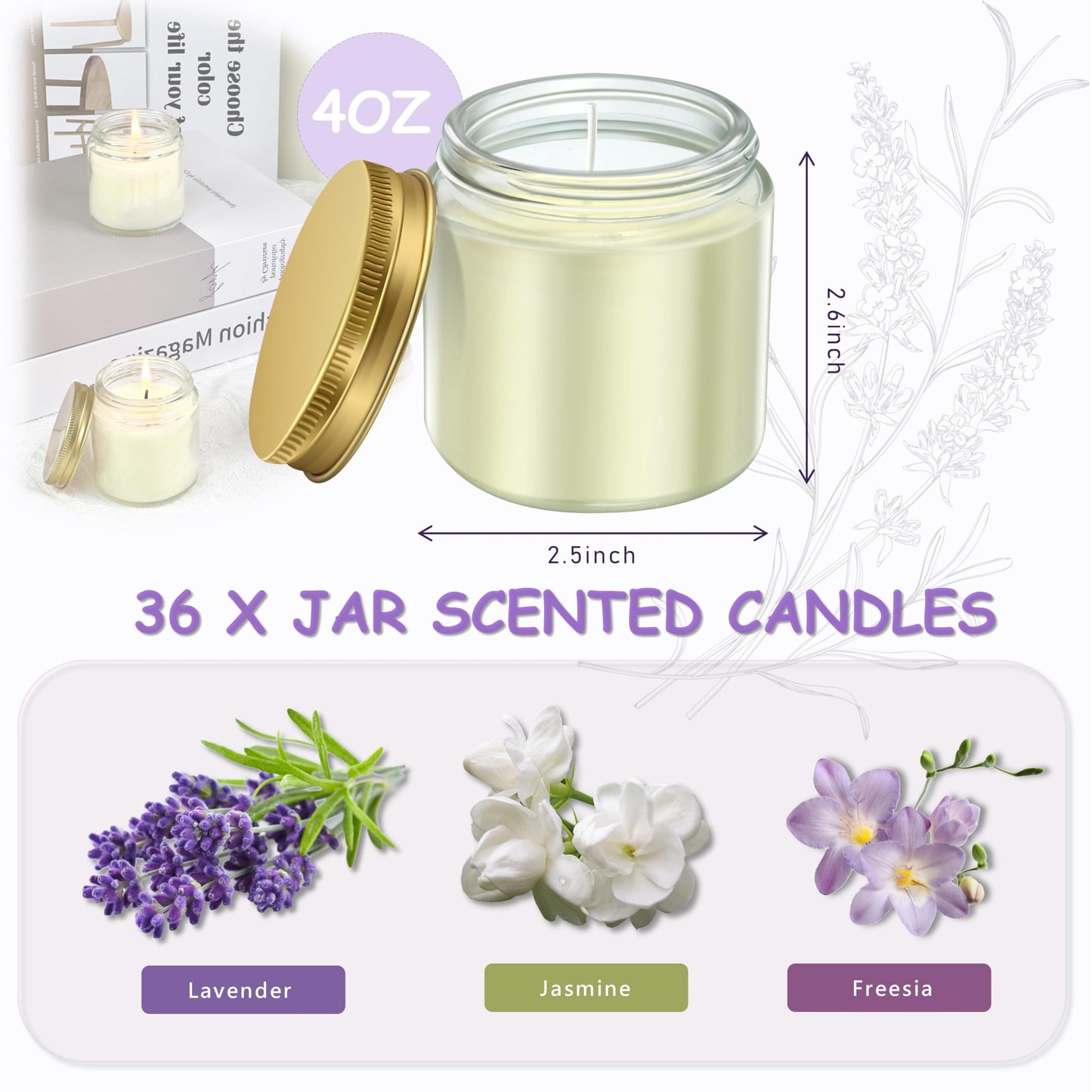 ACITHGL 36 Pcs 4oz Mini Mason Jar Candles Small Scented Candles Bulk Aromatherapy Ideal Souvenir Favors for Wedding Birthday Party (Freesia, Lavender, Jasmine, Gold)