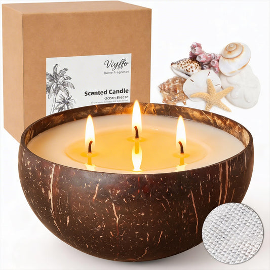 Viyffo Ocean Breeze Scented Candle, Large 18oz 3 Wick Non Toxic Soy Candles, Natural Coconut Shell Candle for Home, Fresh Airy Aromatherapy for Relaxation & Summer Décor, Unique Gift for Women & Men