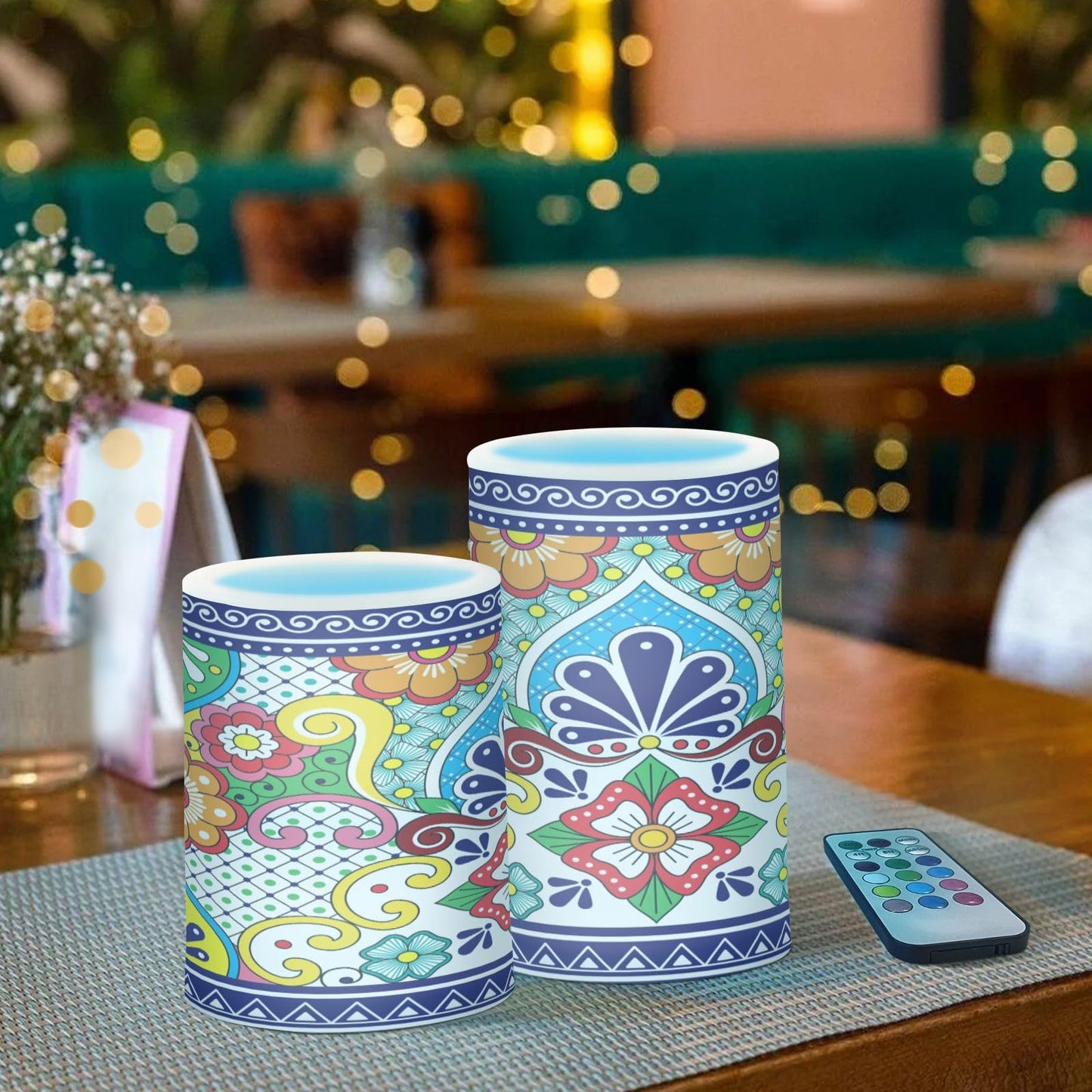 Eionryn Mexican Talavera Floral Tile Flameless Candles Moroccan Boho Flowers Battery Operated LED Candles with Remote Timer Electric Candles for Home Party Decor 2pcs