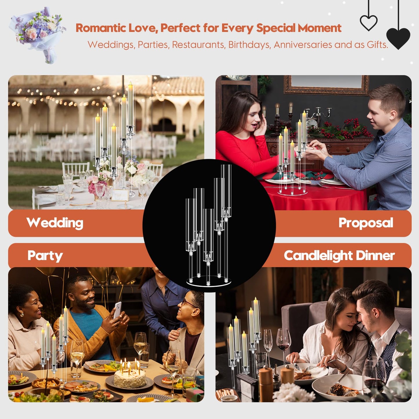 2 Set 5 Arm Acrylic Candle Holder, Mjkeomo 22'' Tall Candelabra Centerpieces for Tables, Candlesticks Holder with Lampshade for Housewarming Gift Fireplace Dinner Decor Fit 0.82'' LED Candle