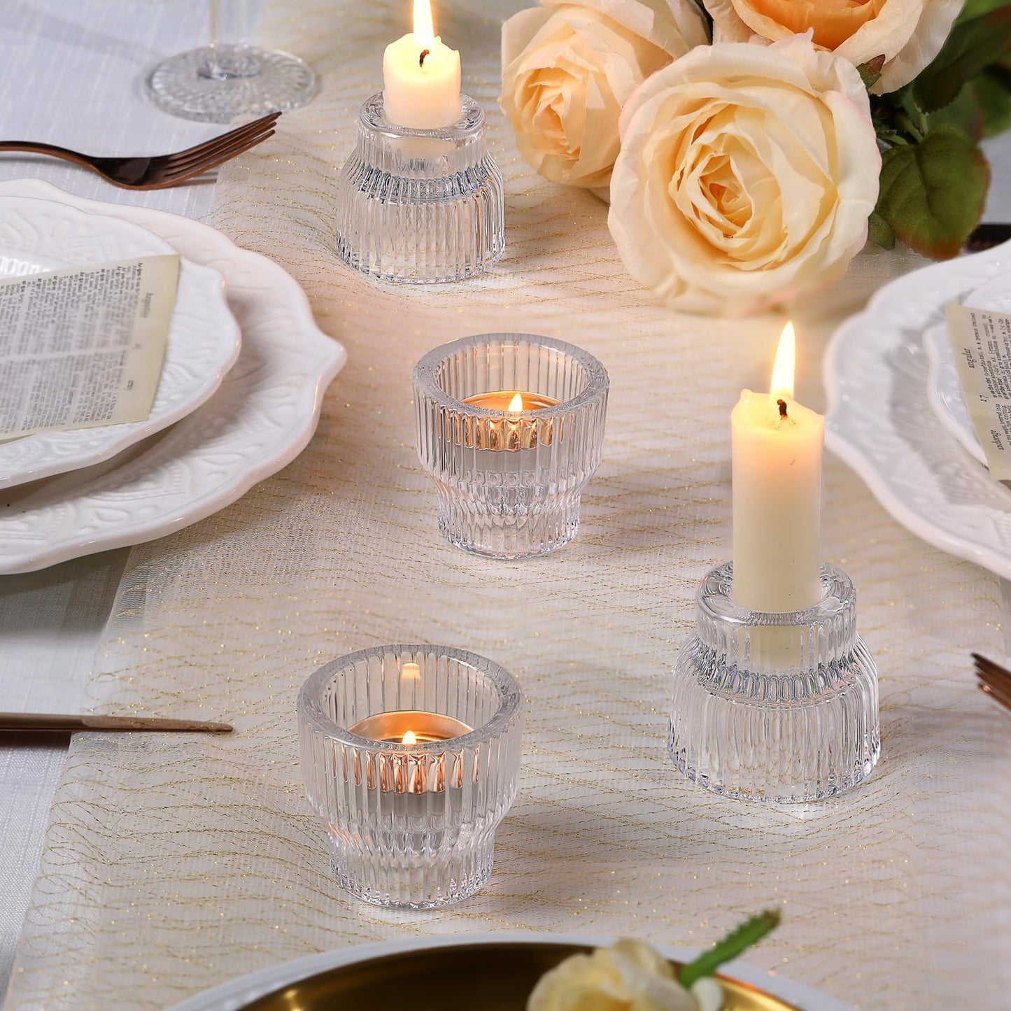 HAVITI 12 Pack Clear Taper Candle Holders, Glass Candlestick Holders, Tea Light Candle Holder for Fall Wedding Centerpieces Table Decorations, Votive Candle Holders for Table Decor