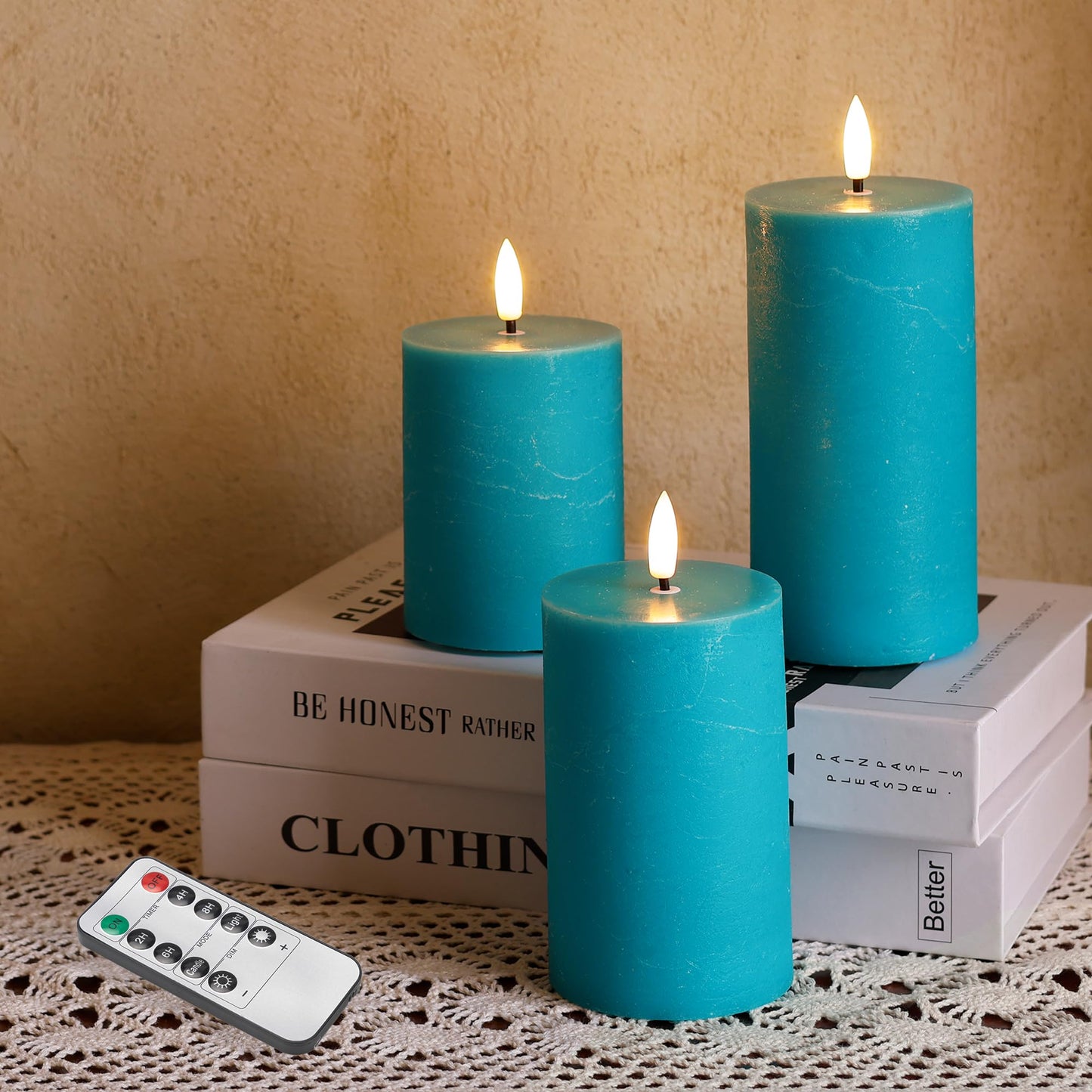 AFINETH Teal Flameless Candles, Real Wax Battery Operated Candles with Remote, Flat Top Flickering LED Pillar Candles for Home Party Wedding Holiday Decor, Set of 3 (H 4" 5" 6" x D3)