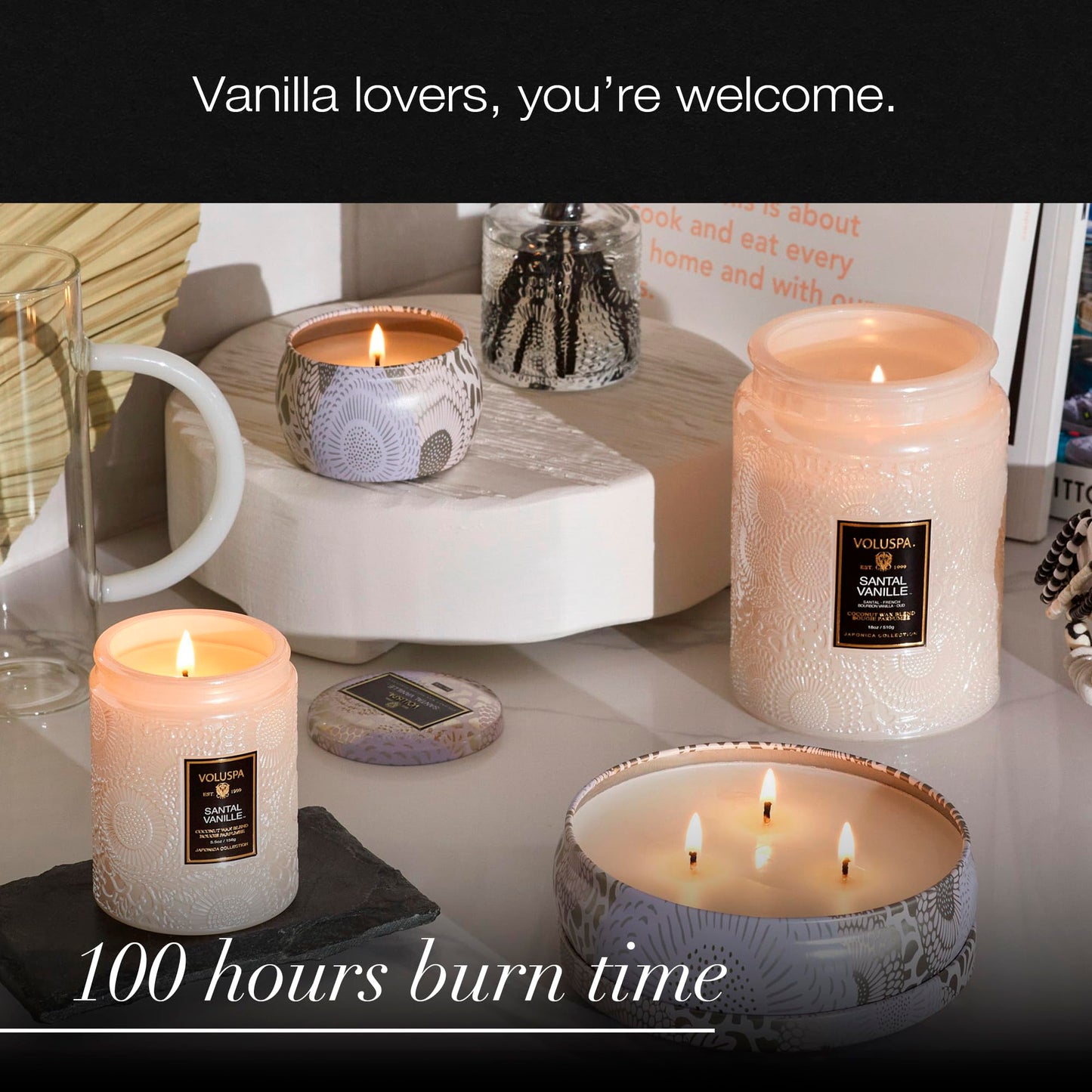 Voluspa Santal Vanille Candle, 18 oz, Coconut Wax Blend, Scented Candles for Home, 100 Hour Burn Time, Candle Jars