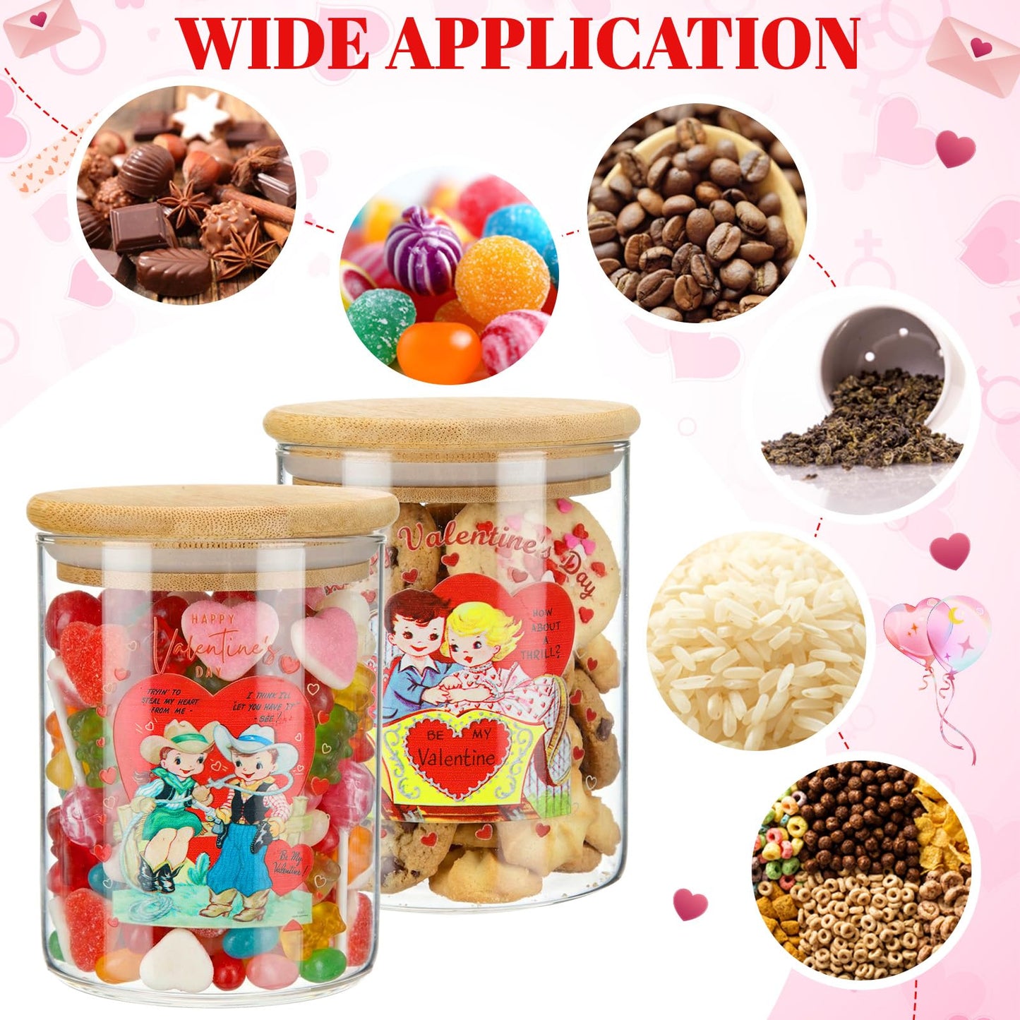 Yungyan 12 Set 17oz Glass Storage Jars with Airtight Lid Retro Vintage Candle Jars Containers Sets for Kitchen Candy Cookie Chocolate Tea, Sugar, Salt, Coffee(Valentine's Day)