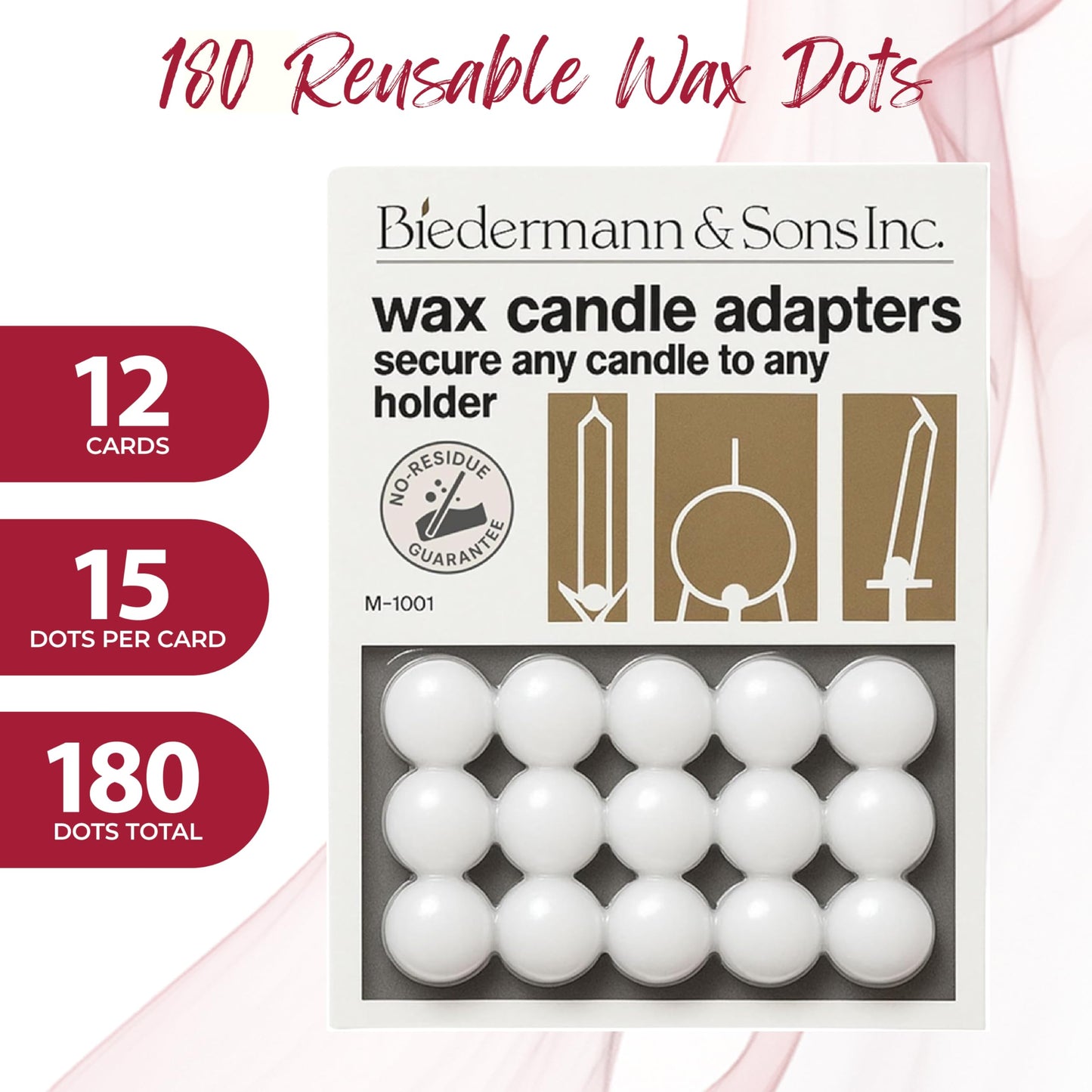 Biedermann & Sons Round Wax Candle Adapter Pellets, White, 0.5 Inch, 12 Cards 180 Dots, Unscented Traceless Wax Dots for Securing Tapers in Candle Holders