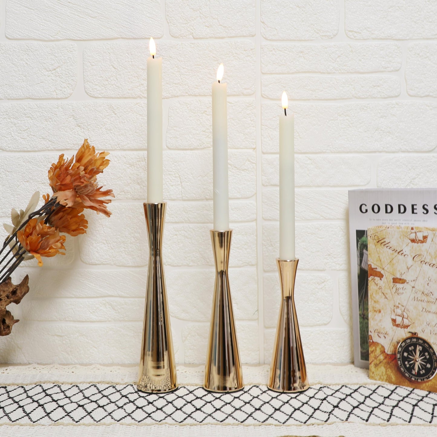 Taper Candle Holders Metal Candlestick Holders Set of 3 Table Mantel Decorative Candle Stand for Dinning,Party，Wedding,Home Decor(Gold)