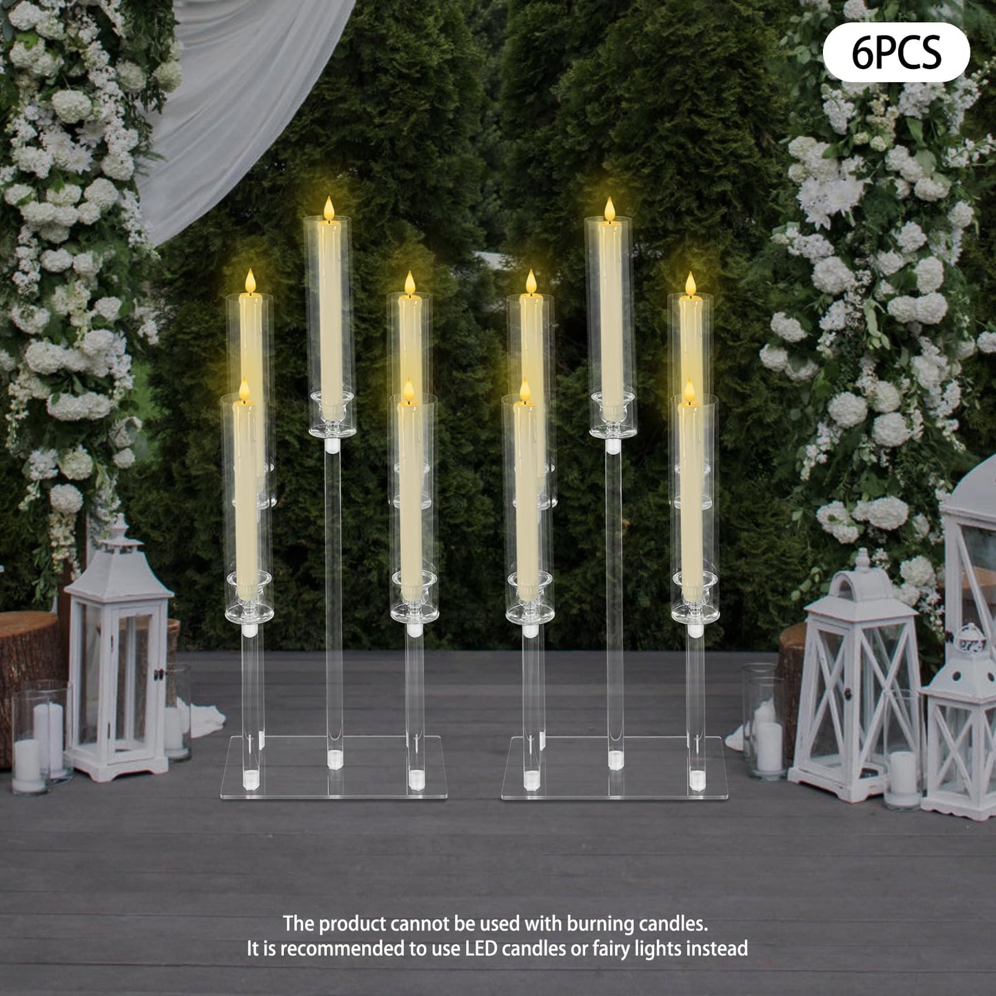 4Pcs 9 Arms Acrylic Candle Holder, Clear Candlestick Holder w/Acrylic Shade, 42.5In Tall Crystal Tapered Candle Holders Centerpieces w/Rectangular Base for Home Wedding Party (6Pcs 5Arms)
