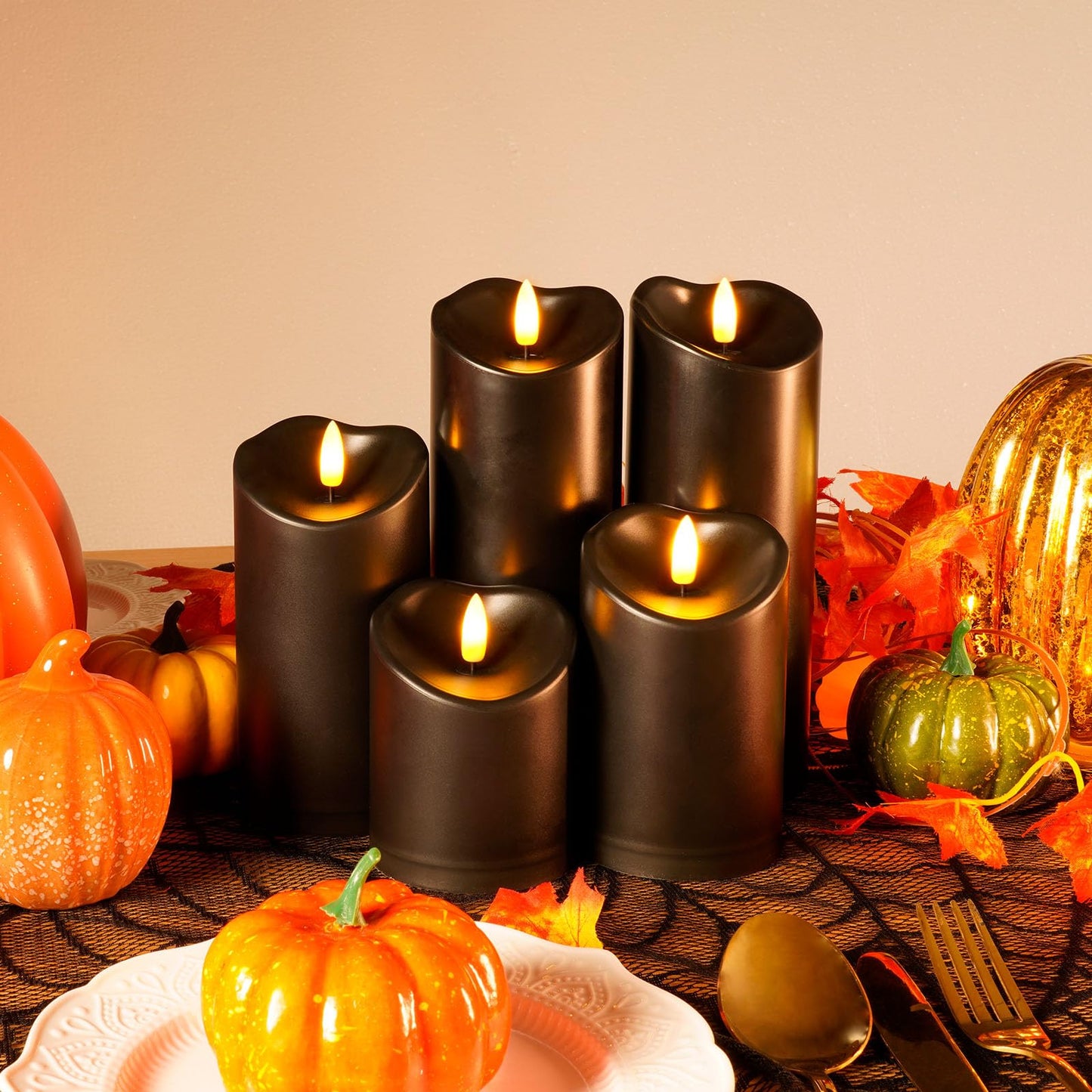 Amagic Black Halloween Flameless Candles with Remote, Waterproof Outdoor Candles Battery Operated with Timer, Plastic Flickering LED Pillar Candle for Holiday, Theme Party, Pumpkin Decor, Set of 5