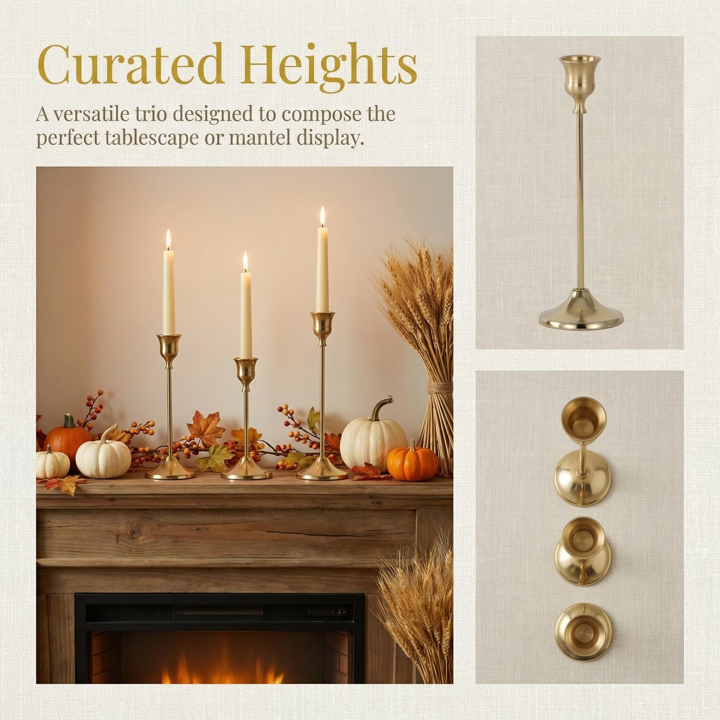 Set of 3 Brass Tapered Candle Holder,Candlestick Tall Metal Candlestick Holders for Table Centerpiece Home Decor for Wedding Fireplace Mantel Housewarming Gift Fits 3/4 Inch Thick Candles