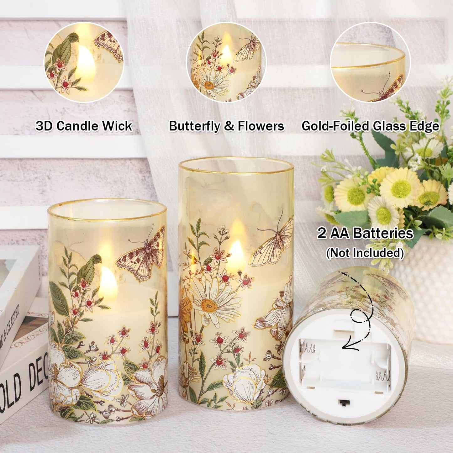 Impress Life Flameless Candles with Remote, 3PCS Butterfly Floral Glass Candles with 3D Flickering LED Wick, Battery Operated Candles for Spring Decor & Home